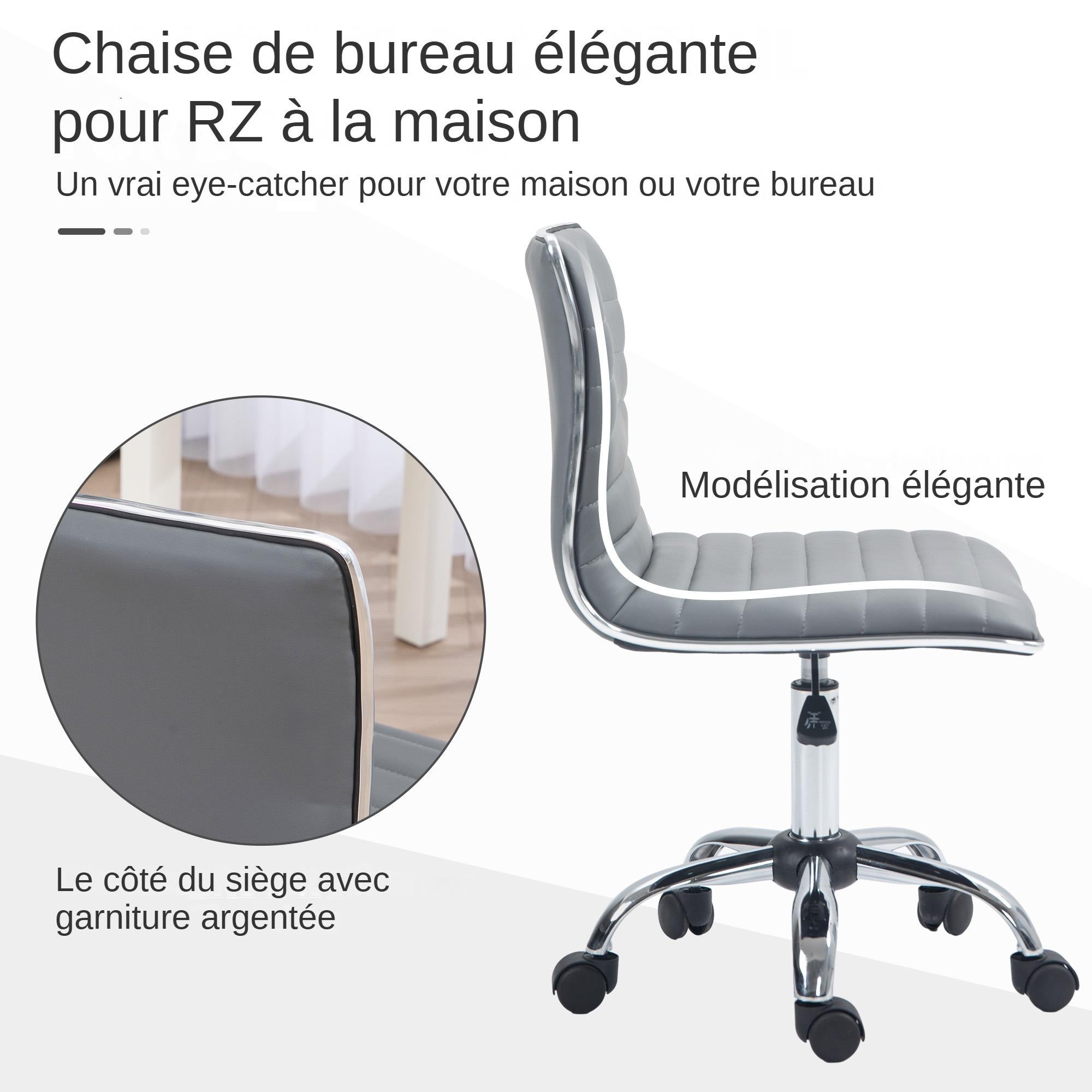 Sedia da ufficio senza braccioli, regolabile in altezza, rotelle, pelle sintetica, 48x52x90 cm, grigio chiaro, portata 120 kg - 5