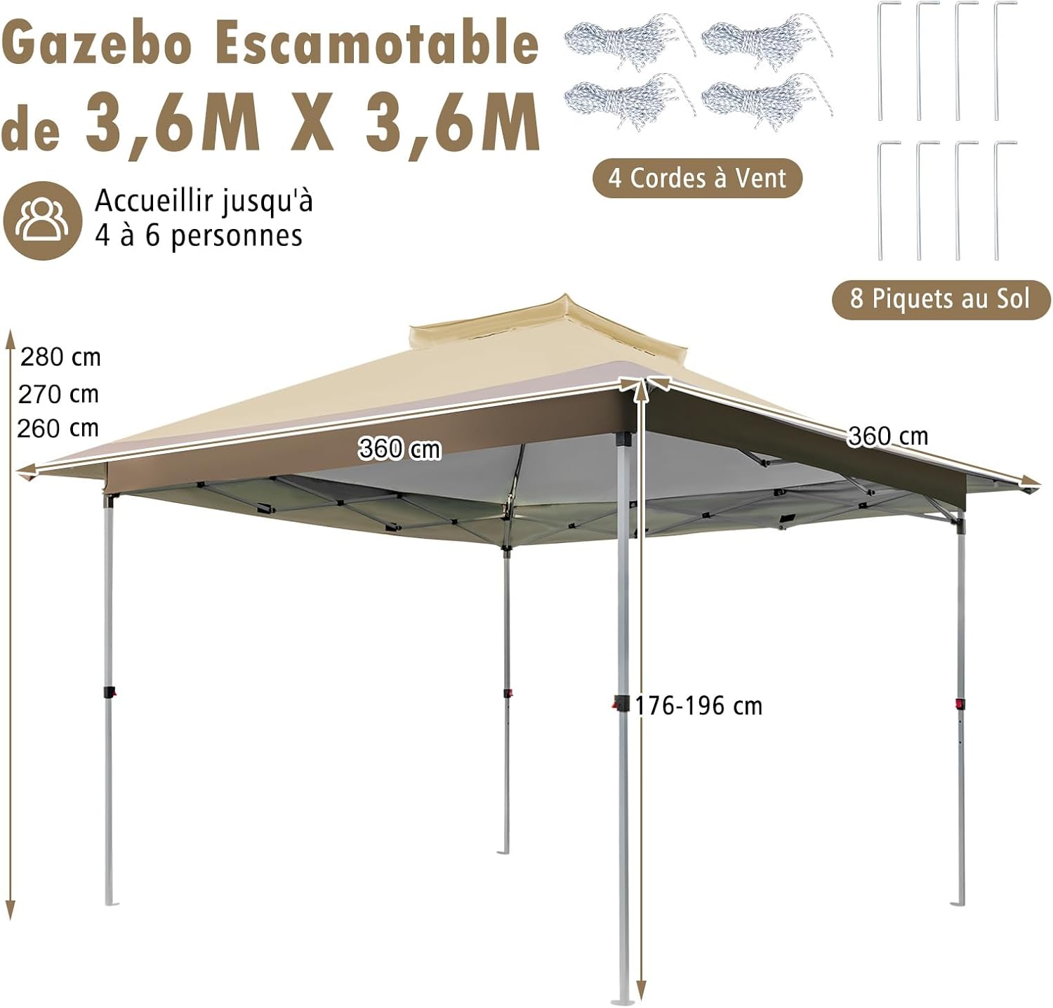Gazebo Pieghevole da Giardino 3,6 x 3,6m, Gazebo Pop-up con Borsa da Trasporto con Ruote, Regolabile in Altezza, per Feste, Barbecue, Giardino - 5
