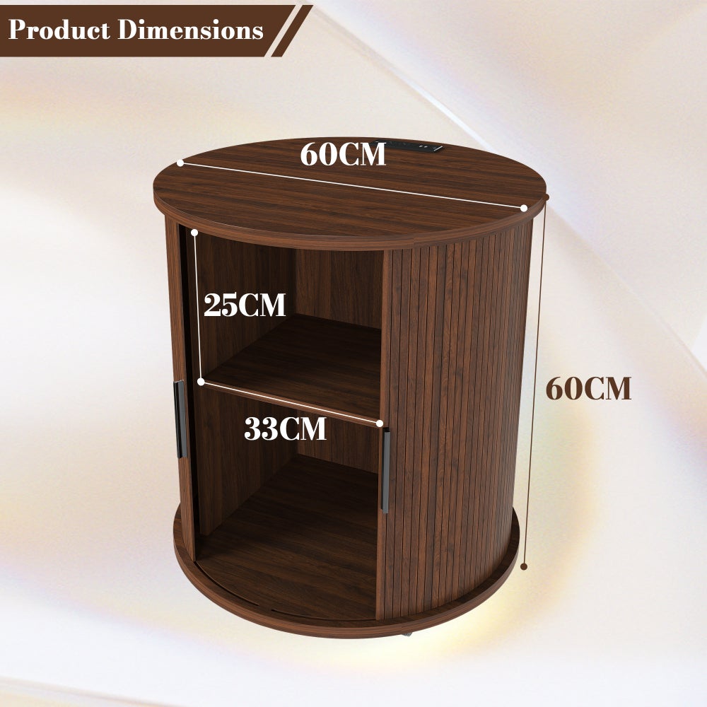 Table de Chevet Cylindrique Mid-Century avec Station de Charge (Prise + 2 USB), Porte Coulissante et Rangement - 4