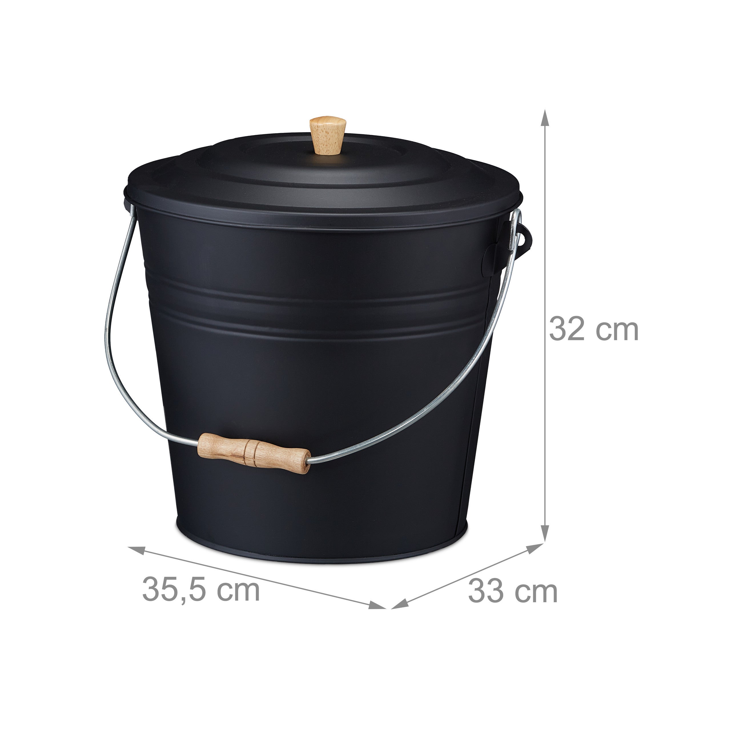 Cubo Cenizas con Tapa, 12 Litros, Accesorio Chimenea, BBQ, Acero y Madera, Contenedor Ceniza con Asa, Negro, Relaxdays - 4