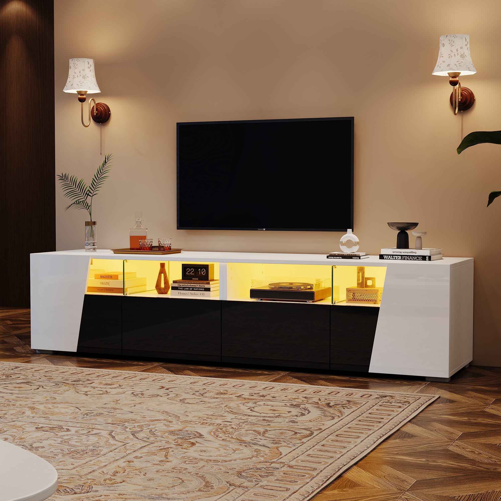Stojak pod TV z 2 szufladami, 2 drzwiami i 2 przegrodami na telewizor 80 cali - 180 x 38,5 x 45 cm - diody LED - MDF + szkło - biały i czarny - 3
