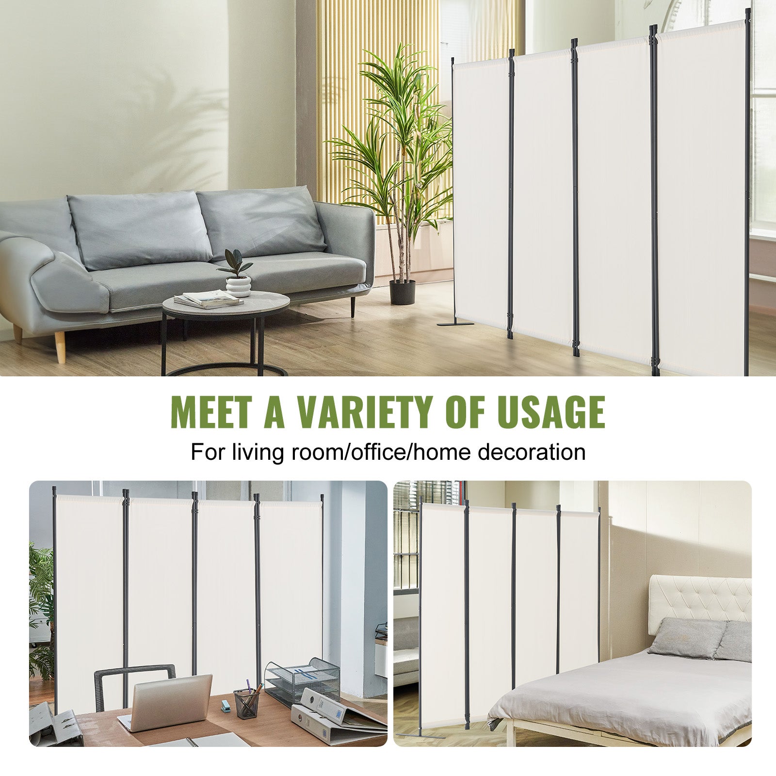 Cloison séparation VEVOR en tissu, séparateur de pièce pliable à 4 panneaux, pour bureau, chambre, maison, autoportant, 228x45x172,5 cm, blanc - 6