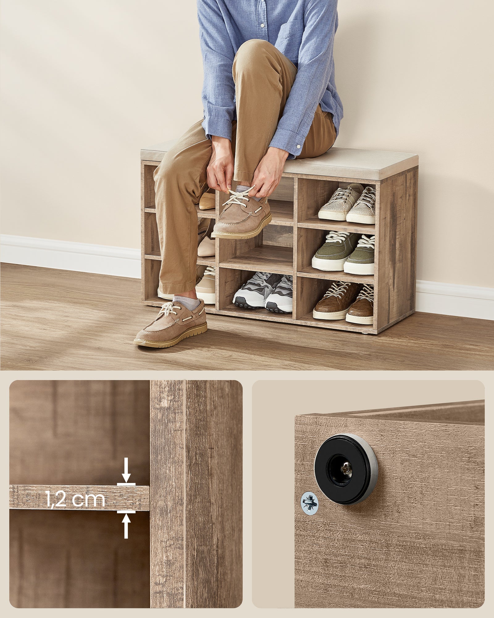 Banc à Chaussures, Assise Rembourrée et 9 Compartiments, Étagère Porte-chaussures, Capacité de Charge 136 kg, Marron Camel - 6