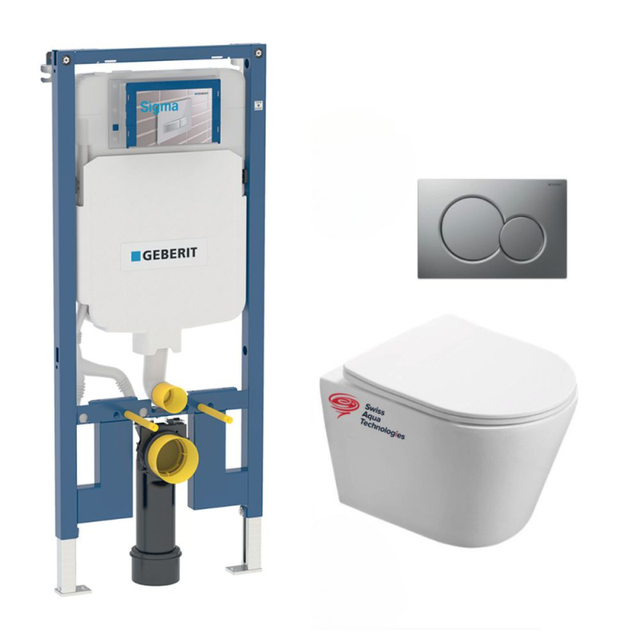 Pack WC Bati-support Geberit extra-plat + Cuvette SAT Infinitio sans bride fixations invisibles + Plaque chrome mat