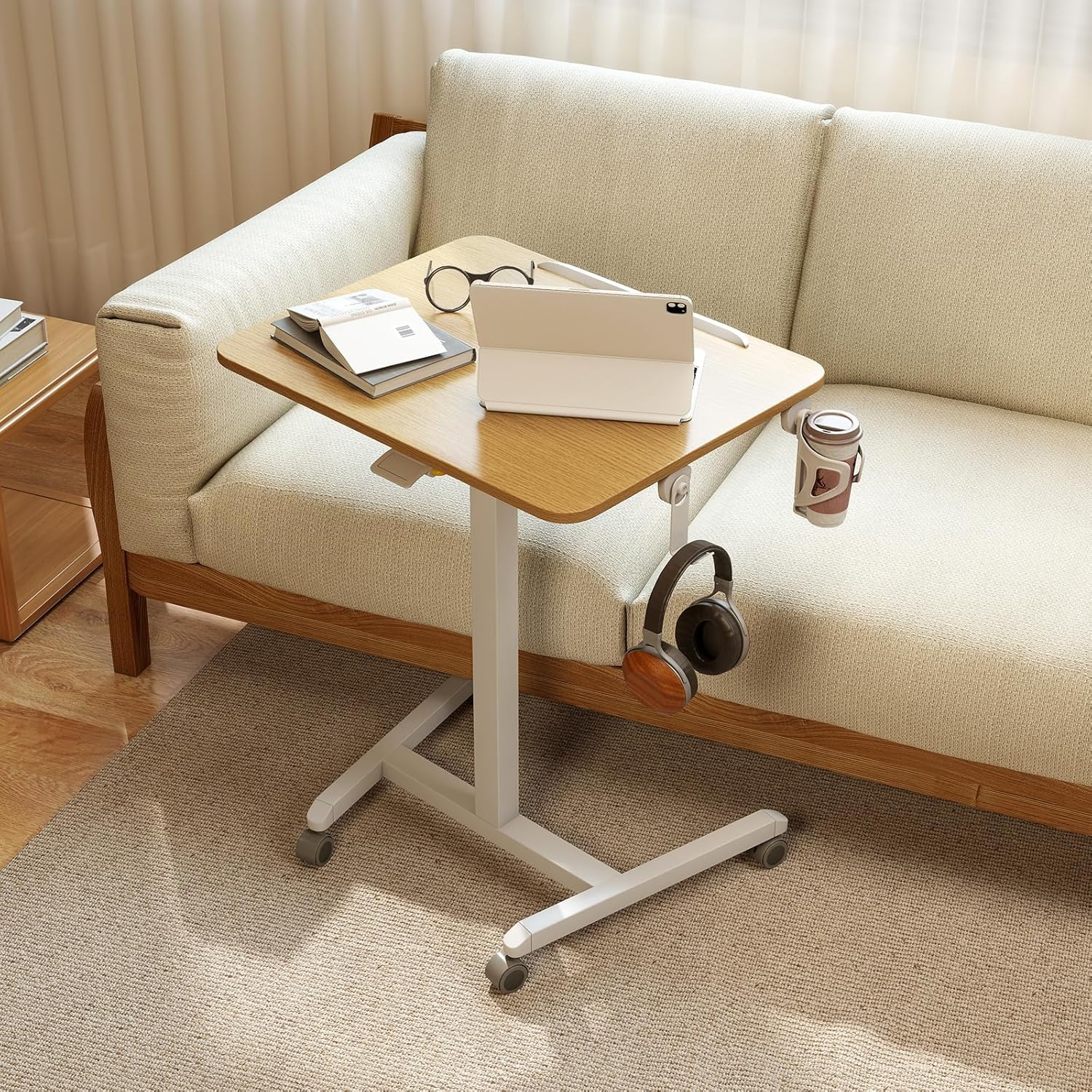 Bureau Assis-Debout, Hauteur Réglable 76-111cm, Plateau Inclinable à 90°, Mobile avec roulettes (2 Verrouillables), avec Crochet et Porte-gobelet - 9