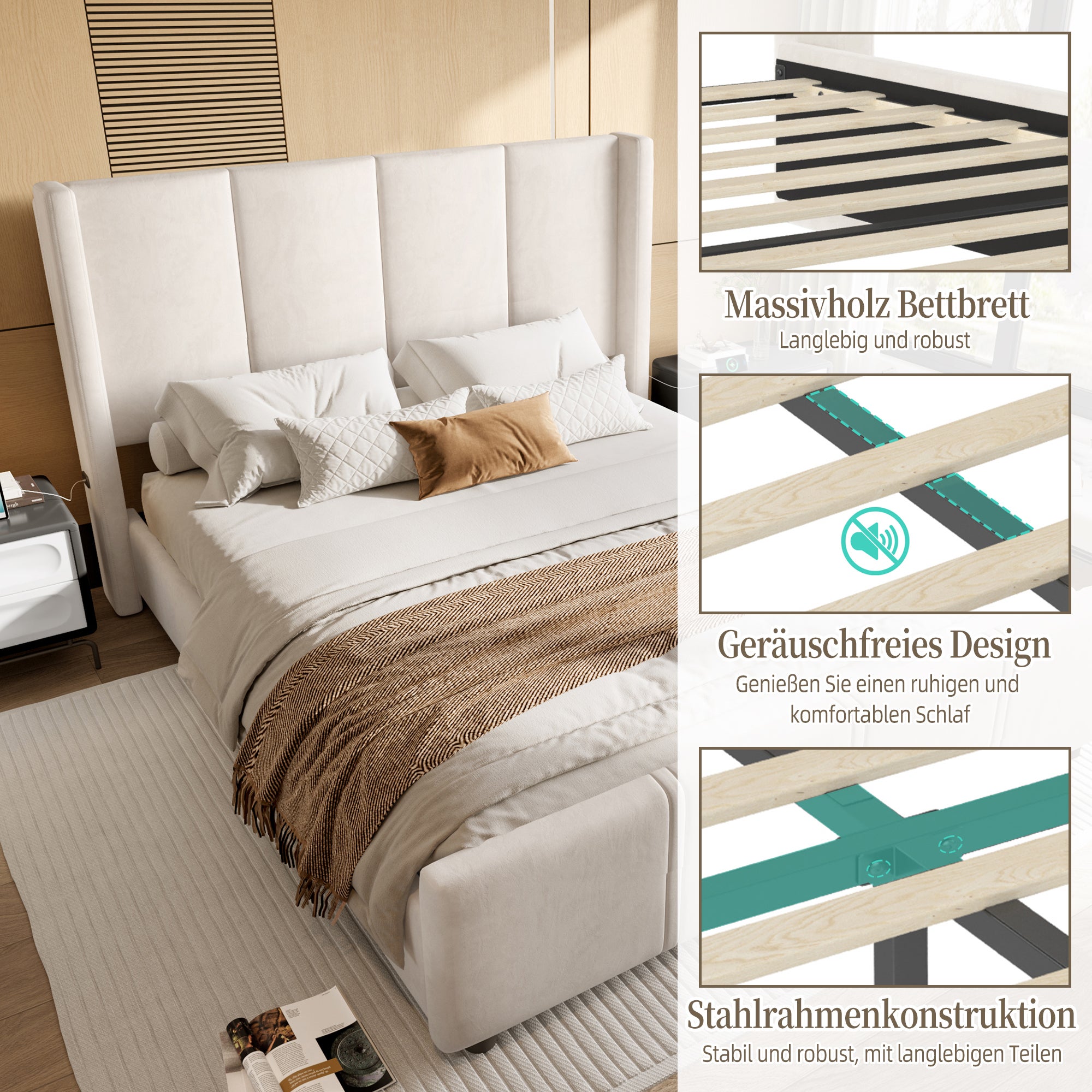 Lit 160x200 avec USB ,Cadre de Lit Rembourré moderne avec tête et pied de lit hauts, Velours Beige(Sans Matelas) - 5