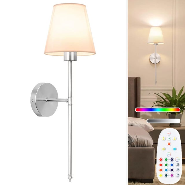Bezprzewodowa lampa ścienna z pilotem, regulowana jasność, 3 ustawienia temperatury koloru, tryby oświetlenia RGB, srebrna.