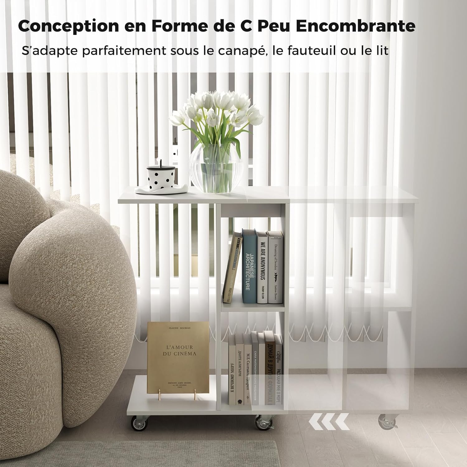 Tavolino a Forma di C con Ruote, Tavolino Laterale da Divano con 2 Cubi di Stocaggio, Tavolino da Caffè Salvaspazio, per Camera da Letto, Sogg - 8