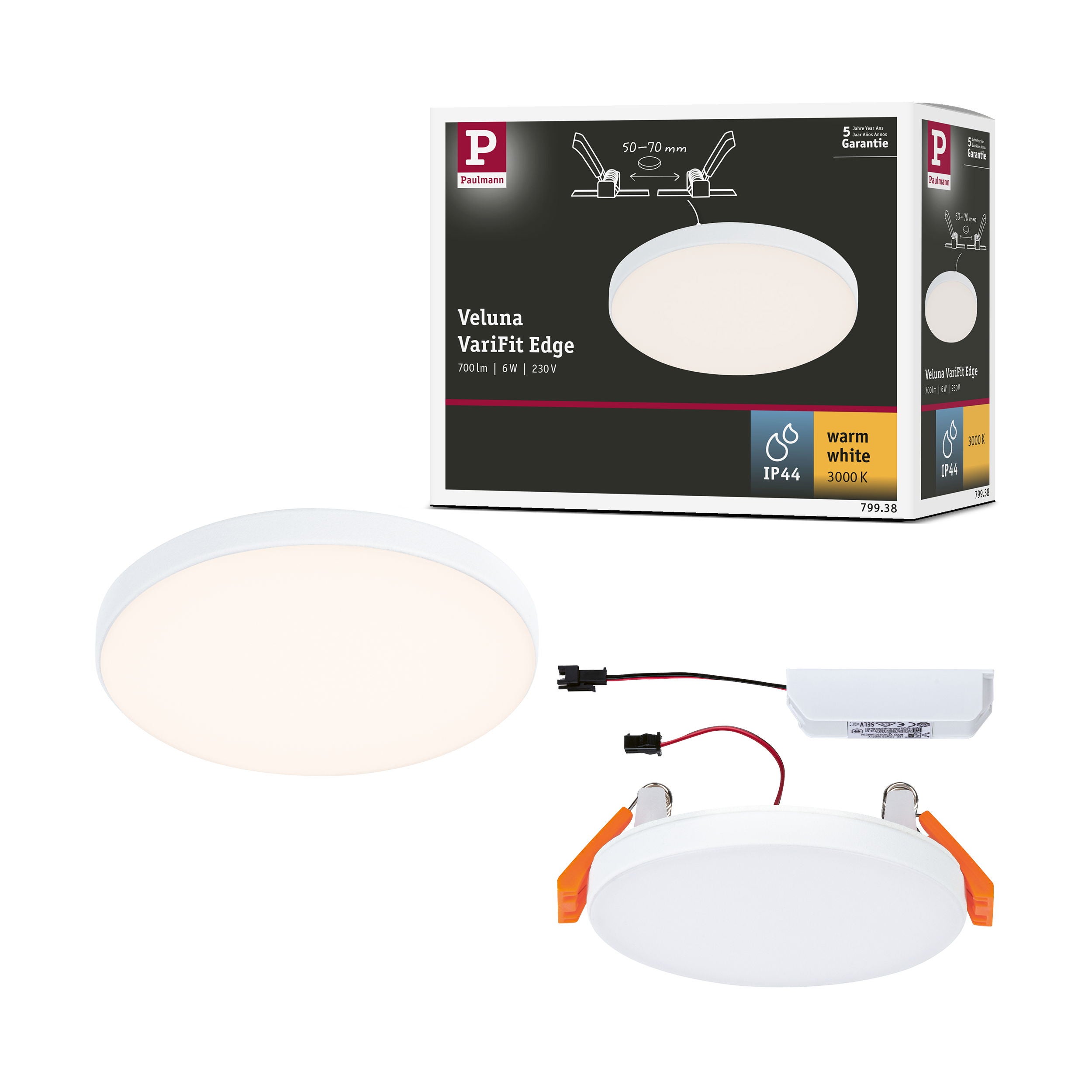 VariFit Panneau encastré LED Veluna Edge IP44 rond 90 mm 6W 450lm 3000K ...