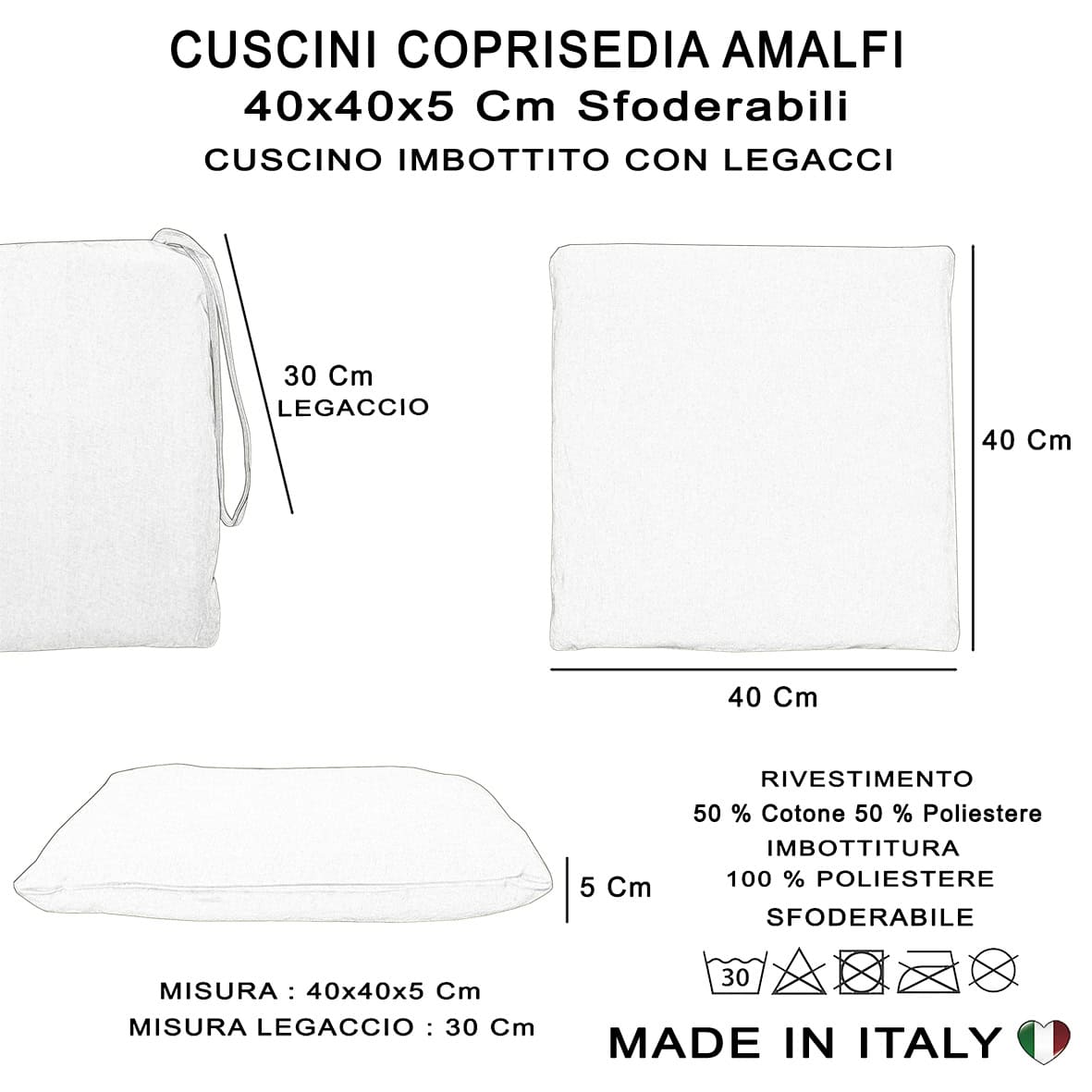 Set 4 cuscini sedia sfoderabili Amalfi double-face con lacci 40x40x5 cm (Giallo) - 3