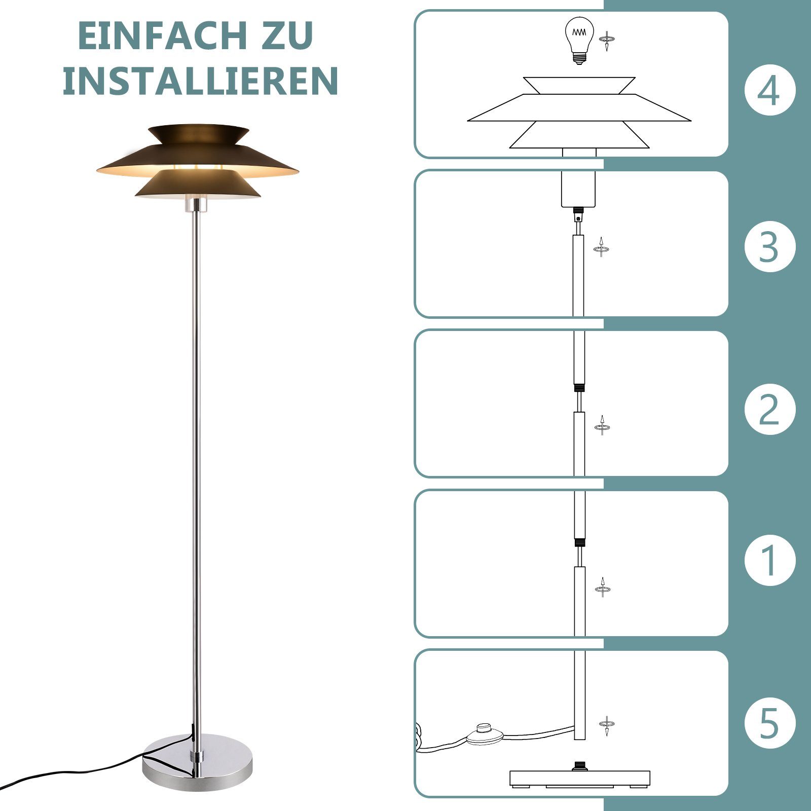 ZMH Lampadaire E27 vintage lampe sur pied noire commande au pied métal Industriel 145cm (Chambre/Bureau) - 5