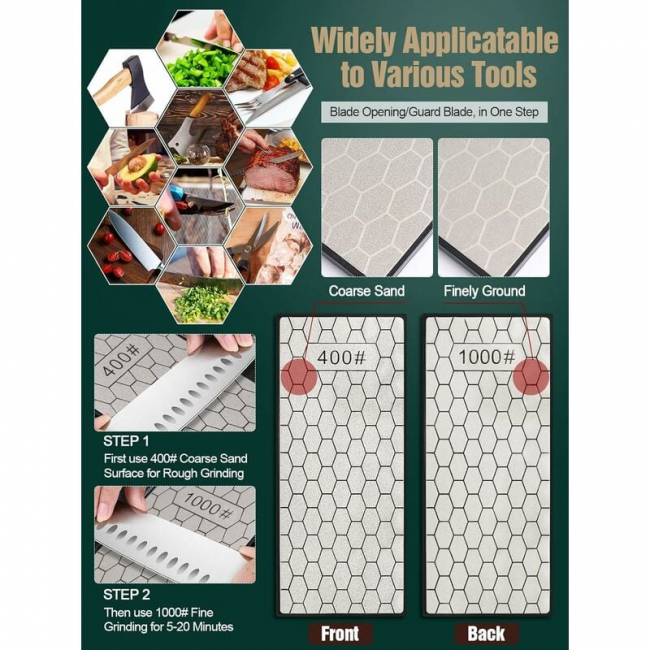 Pietra per affilare diamantata a doppia faccia (grana 400/1000, 185 x 92 x 40 mm), pietra per affilare coltelli con base antiscivolo, utensile per aff - 3