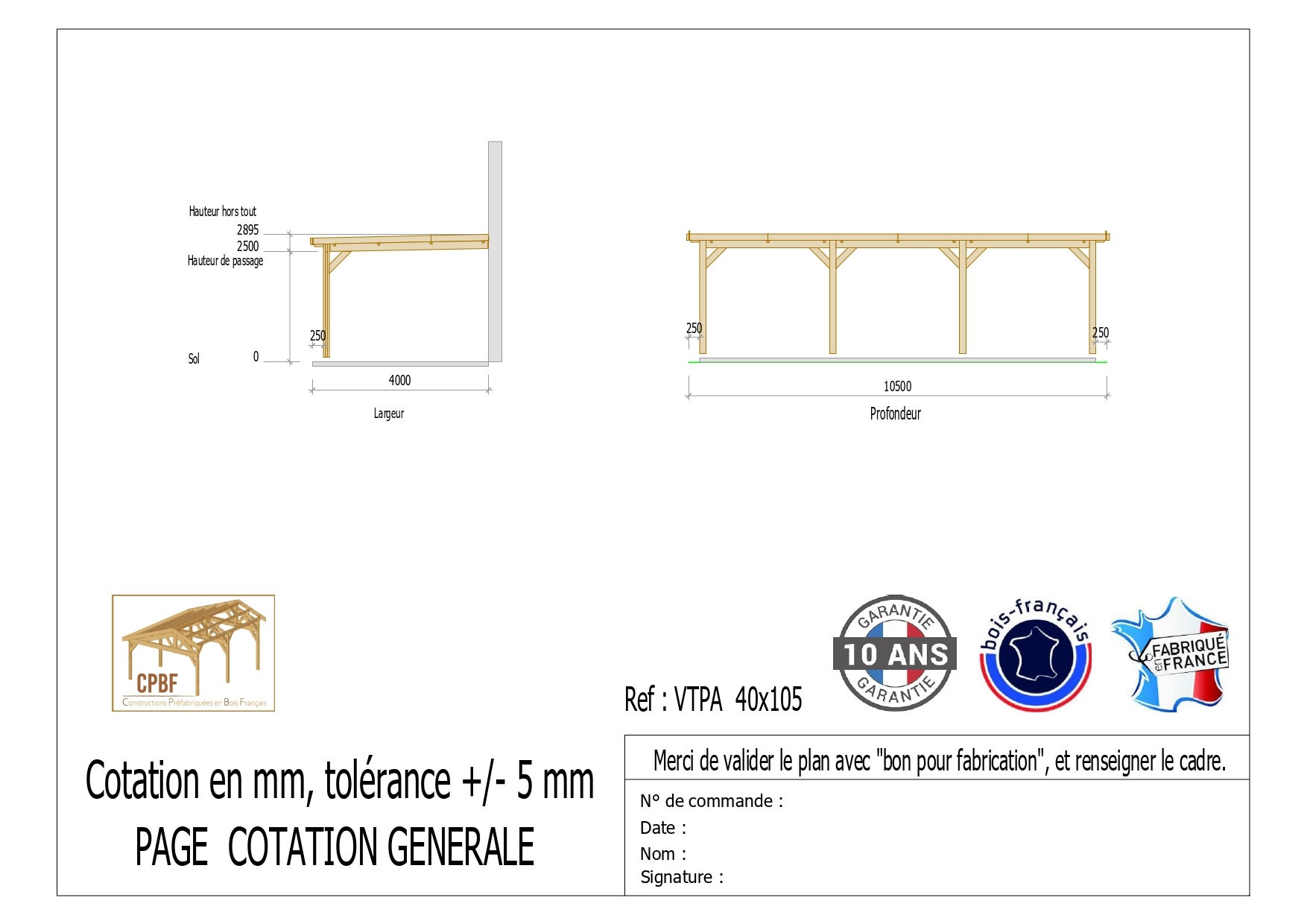 Carport adossé toit plat 400cmx1050cm, bois DOUGLAS Français (Charpente en bois-auvent-abri voiture) 42 m². Garantie 10 ans - 2