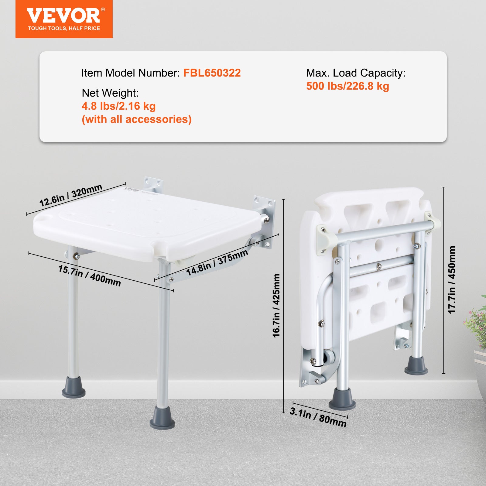 Asiento de ducha plegable de PE,expansión VEVOR 40x37,5 cm,taburete de ducha montado la pared,capacidad de carga de 500 libras,ahorro de espacio - 7