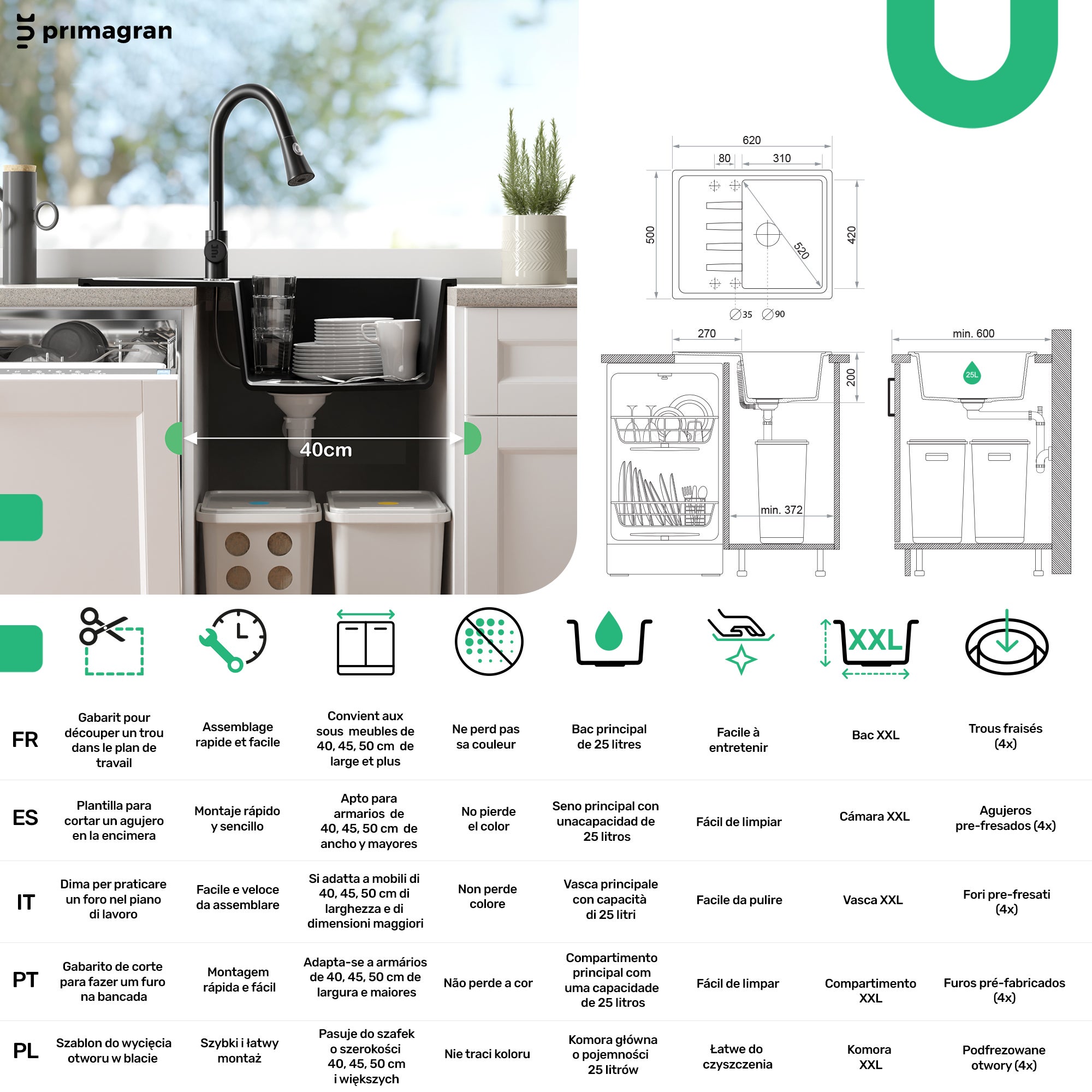 Evier Cuisine en Granit Blanc 62x50cm, Lavabo 1 bac + Kit de Vidage, Évier à Encastrer au meuble 40cm - Milan PRIMAGRAN - 6