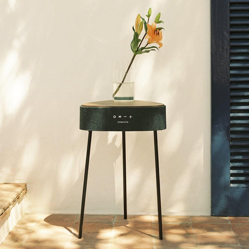 CREATE - SPEAKER TABLE 180 - Stolik z głośnikami i systemem dźwięku 180º, łącznością Bluetooth oraz ładowaniem bezprzewodowym - Bois foncé
