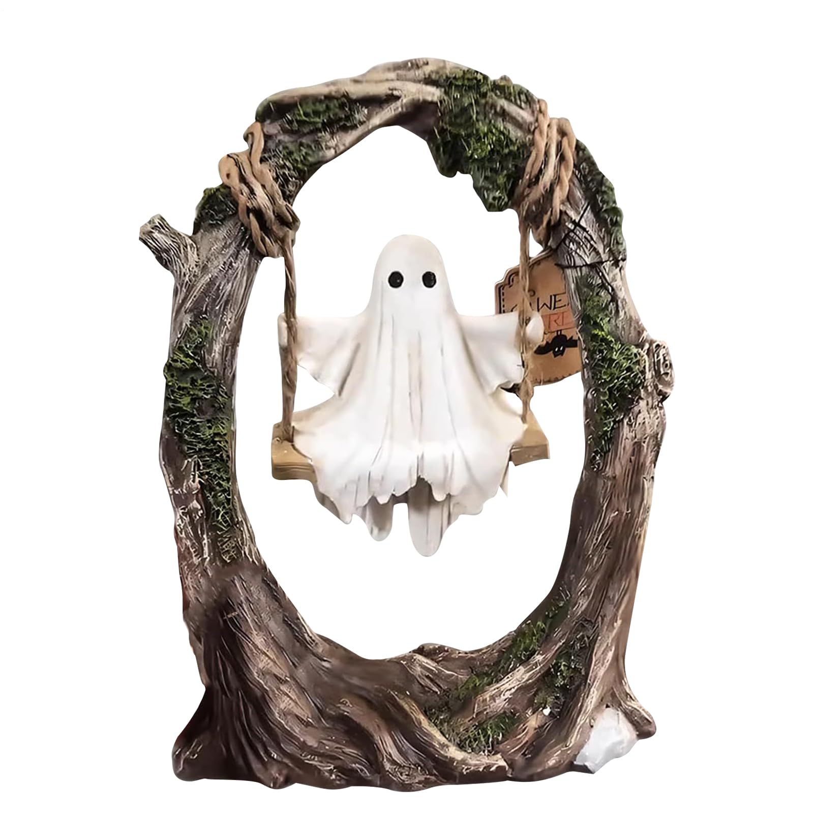 Animowany duch na huśtawce drzewnej - Dekoracyjna statuetka halloweenowa z żywicy, urocza i zabawna do zawieszenia