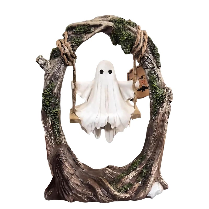 Animowany duch na huśtawce drzewnej - Dekoracyjna statuetka halloweenowa z żywicy, urocza i zabawna do zawieszenia