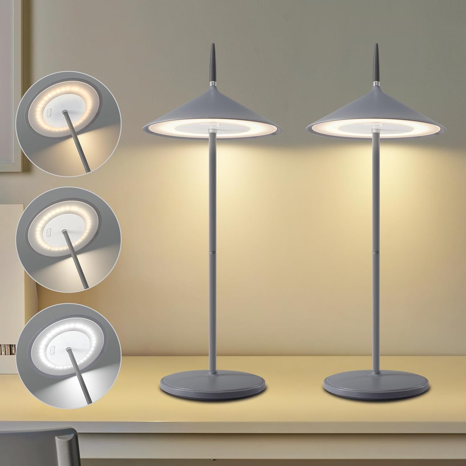 ZMH Lampa stołowa LED 2 opakowania 5,5 W szary bezprzewodowa ładowalna sterowana dotykowo ściemnialna nowoczesna