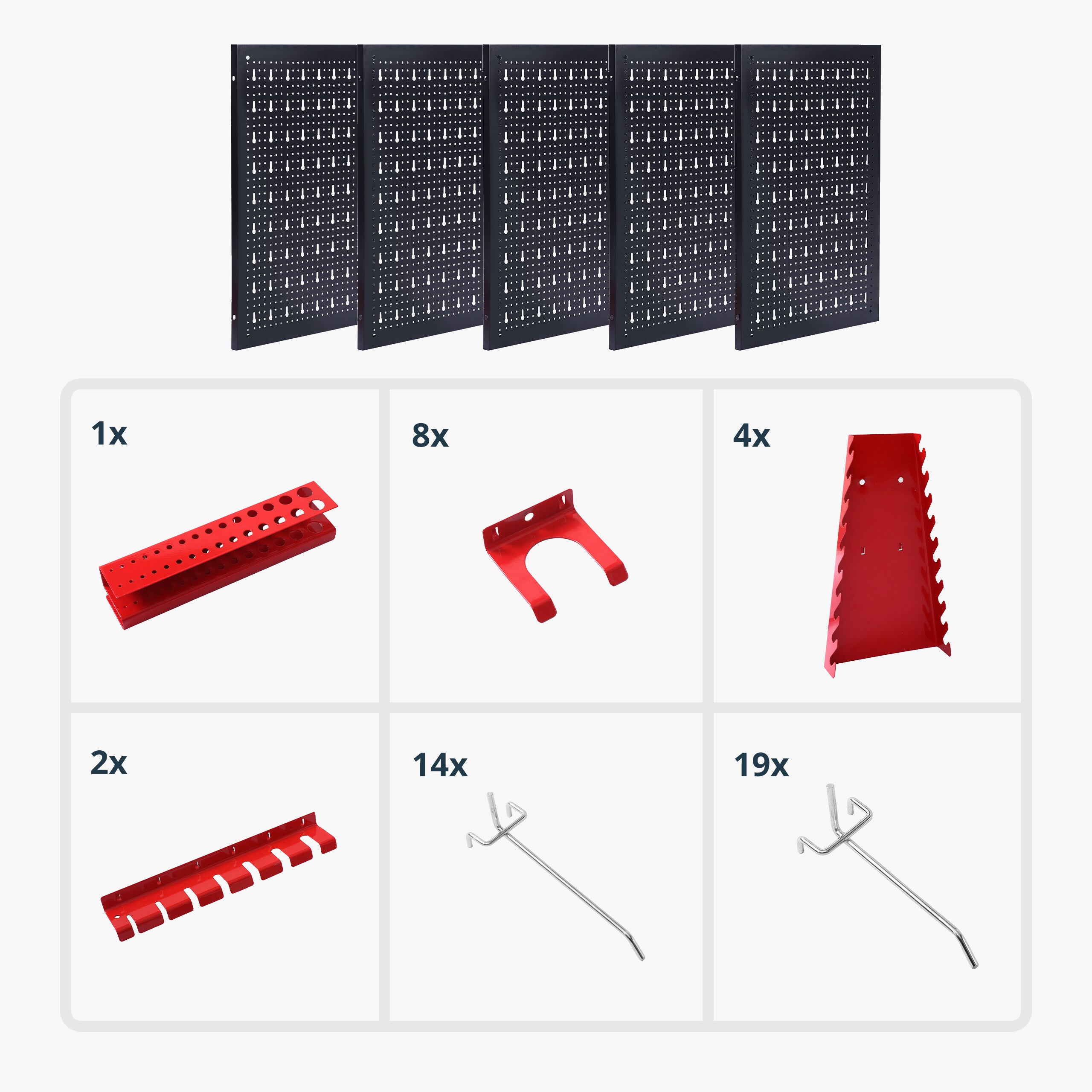 Lot de 5 panneaux porte-outils perforés, kit 48 pièces, 60 x 40 cm (H x L), métal, pour atelier, noir/rouge, Relaxdays - 5