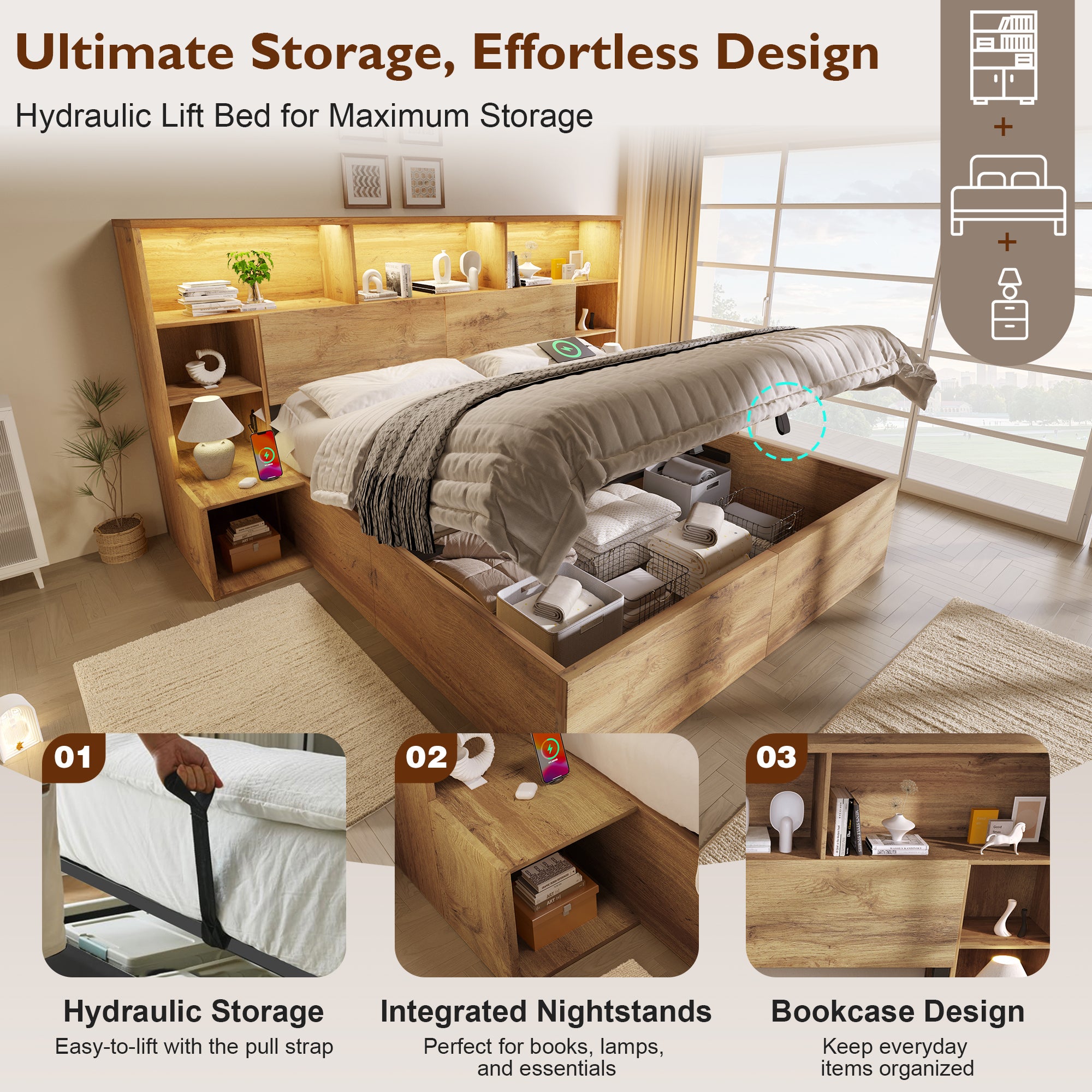 Lit 160x200 cm avec rangement hydraulique,Lit double en bois avec LED et port USB,avec table de chevet,sommier à lattes, Couleur Chêne(Sans matelas) - 4