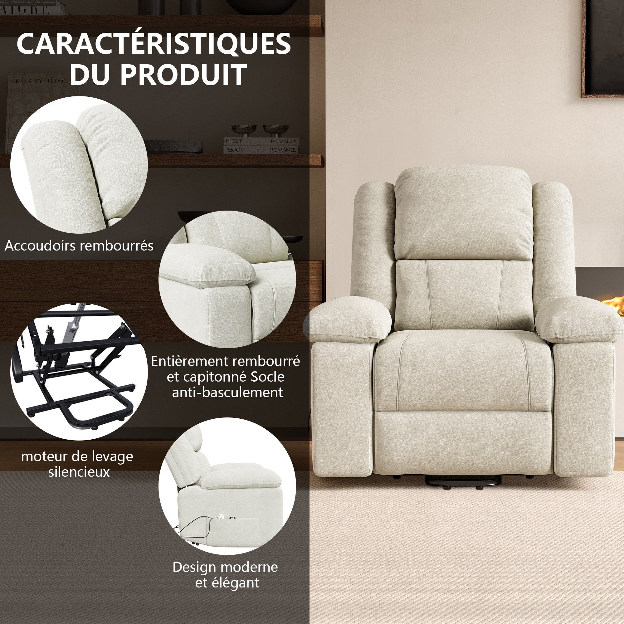 Fauteuil Électrique Releveur et Inclinable avec Fonction Massage - Chauffant 8 Points, Ports USB - Pour Seniors et Dégaine - Marron - 8