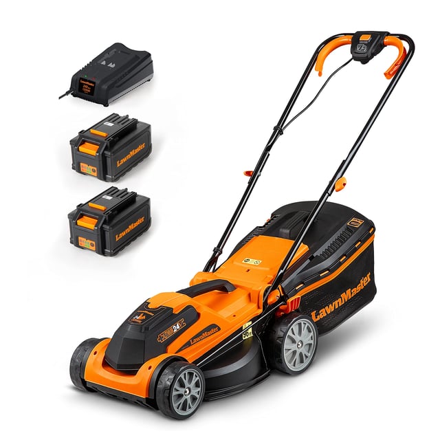 LawnMaster CLMF2434G Tagliaerba Senza Filo 24V Max 2x4.0Ah Batteria, 34cm Fino a 300m², Altezza di Taglio a 6 Livelli 20-70mm, Capacità di Raccolta