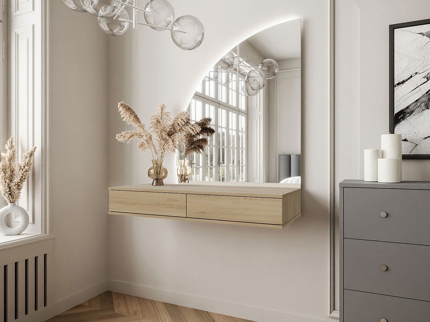 Coiffeuse suspendue avec miroir à LEDs - 2 tiroirs – Coloris : Naturel ...