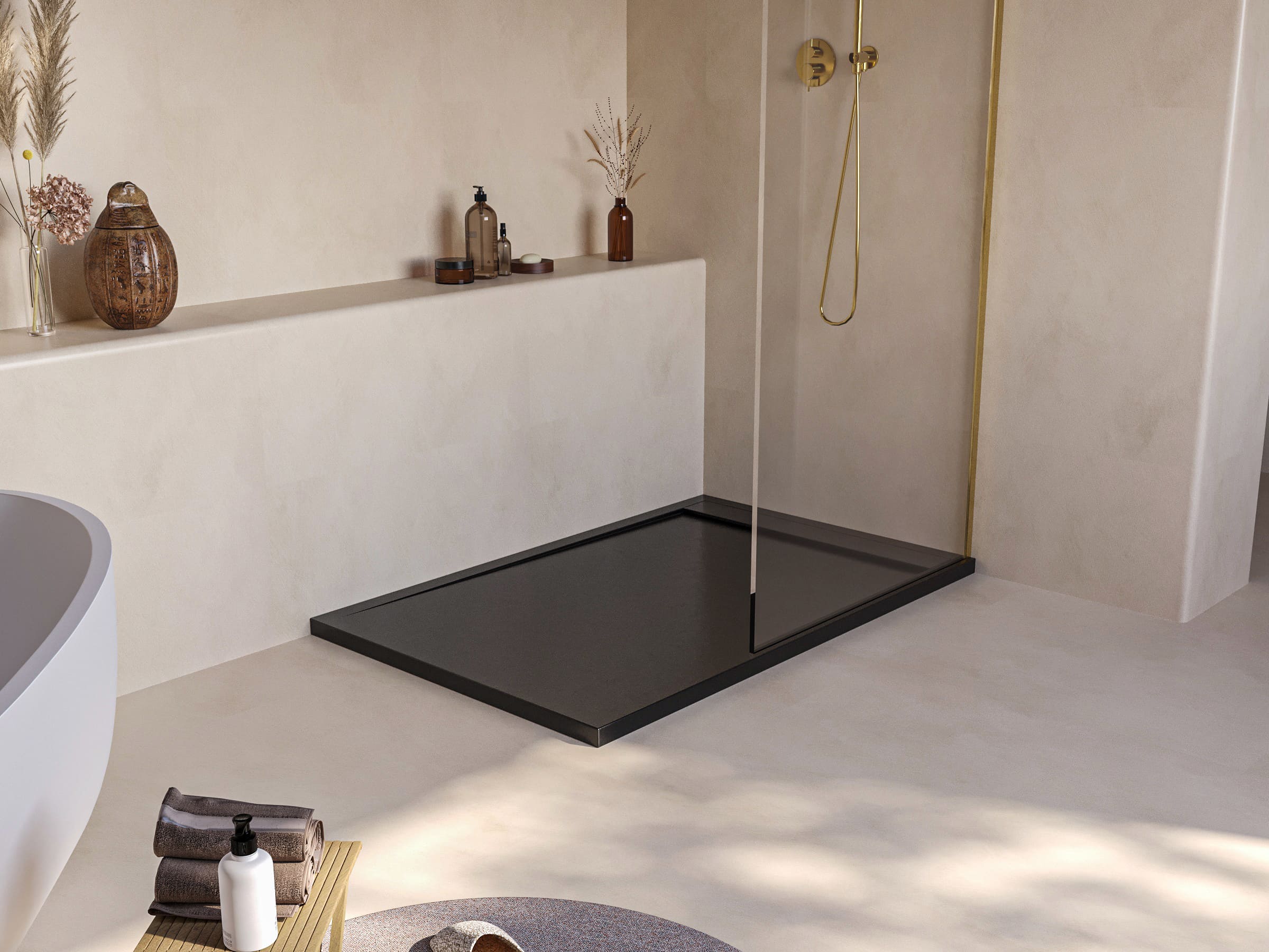 SOULHOME Base de duche - Resina - Gel Coat - Textura Liso/Pedra - Antiderrapante - Cor Preto - 200x80- Extraplano 3cm. Design Minimalista. - 3