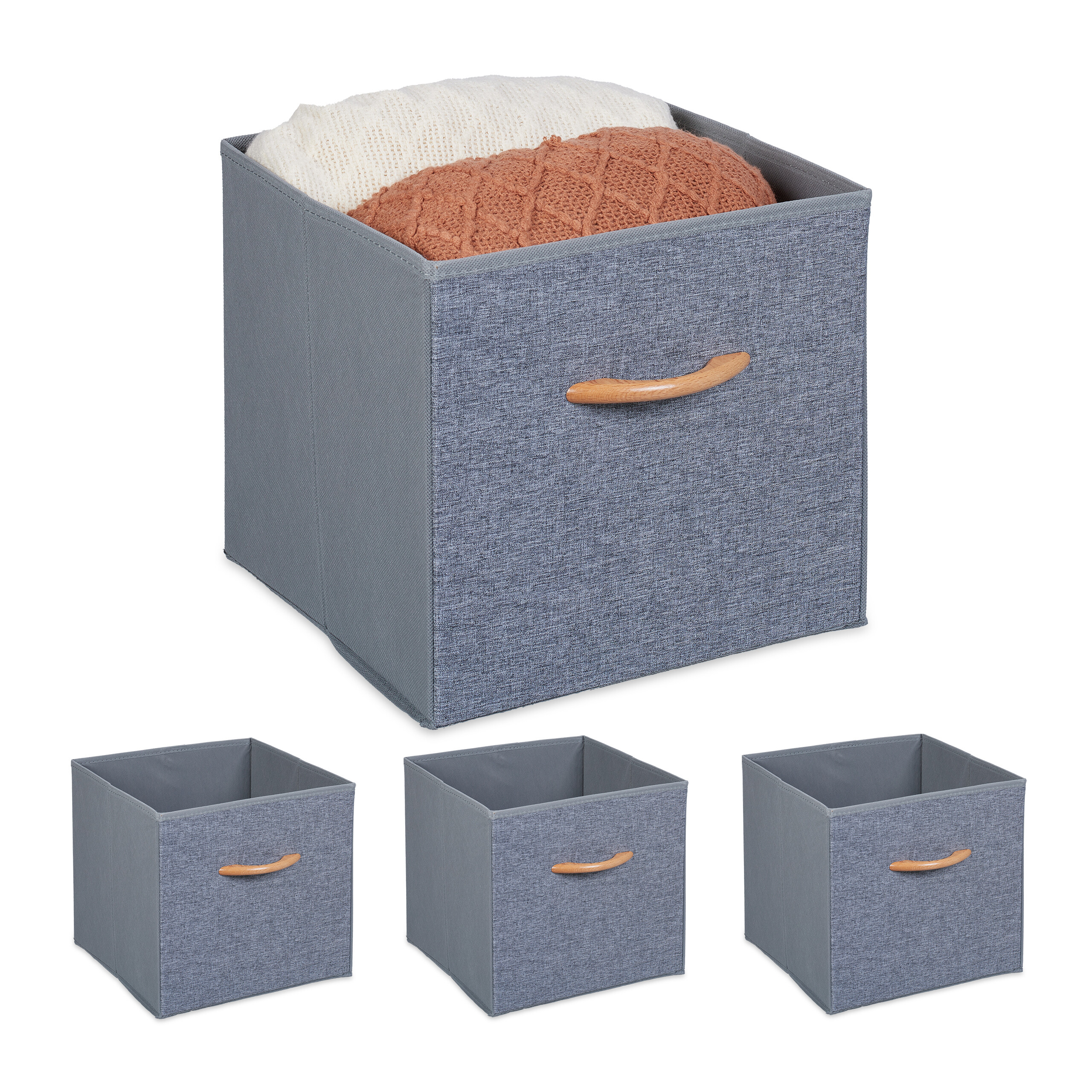 Relaxdays cajas de almacenaje cuadradas con asas en set de 4, cajones de tela, 24 l, plegables, 28,5 x 30 x 30 cm, gris