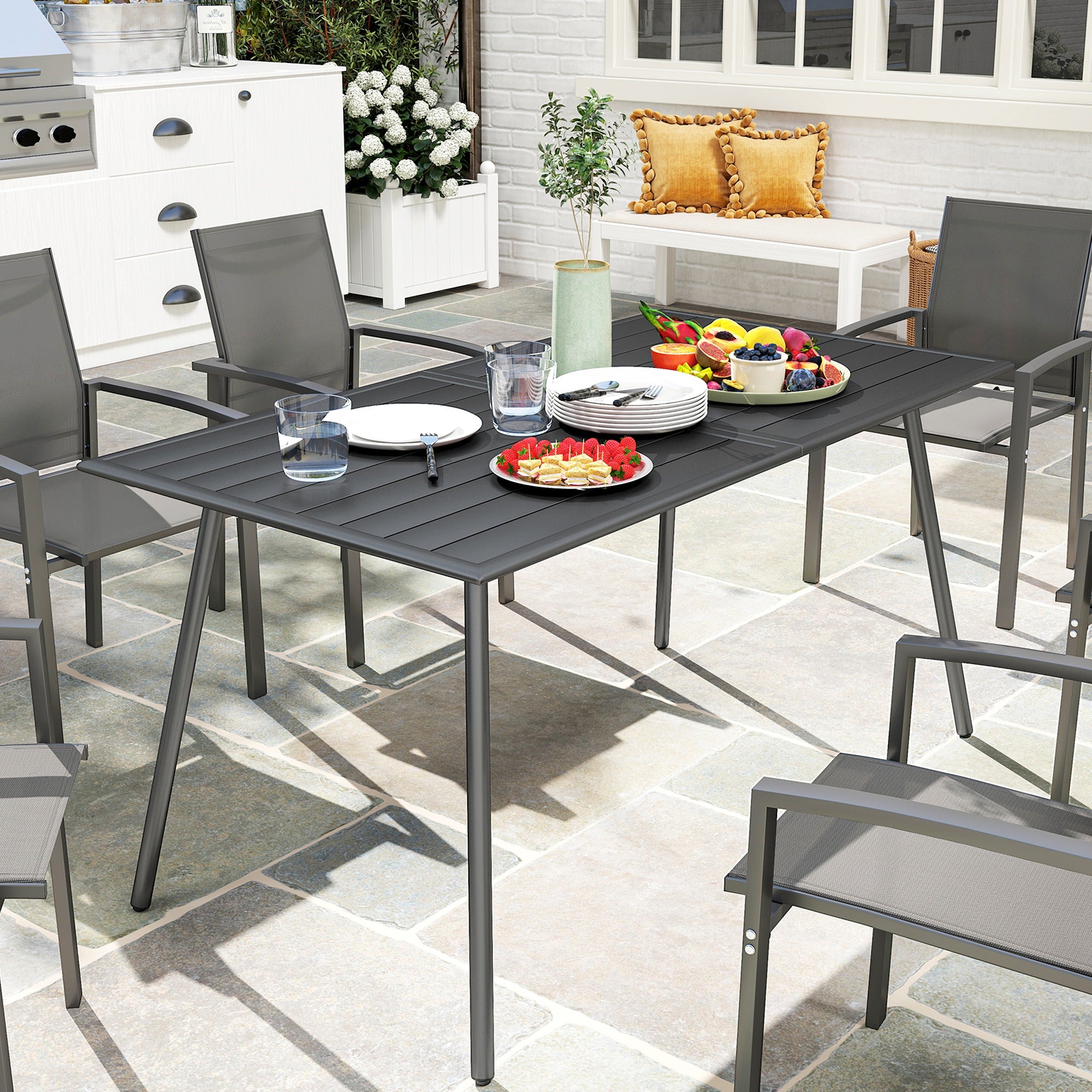 Table de jardin 6 personnes avec plateau à lattes, idéale pour jardin, patio ou terrasse. Dimensions : 150 x 80 x 74 cm, grise. - 4