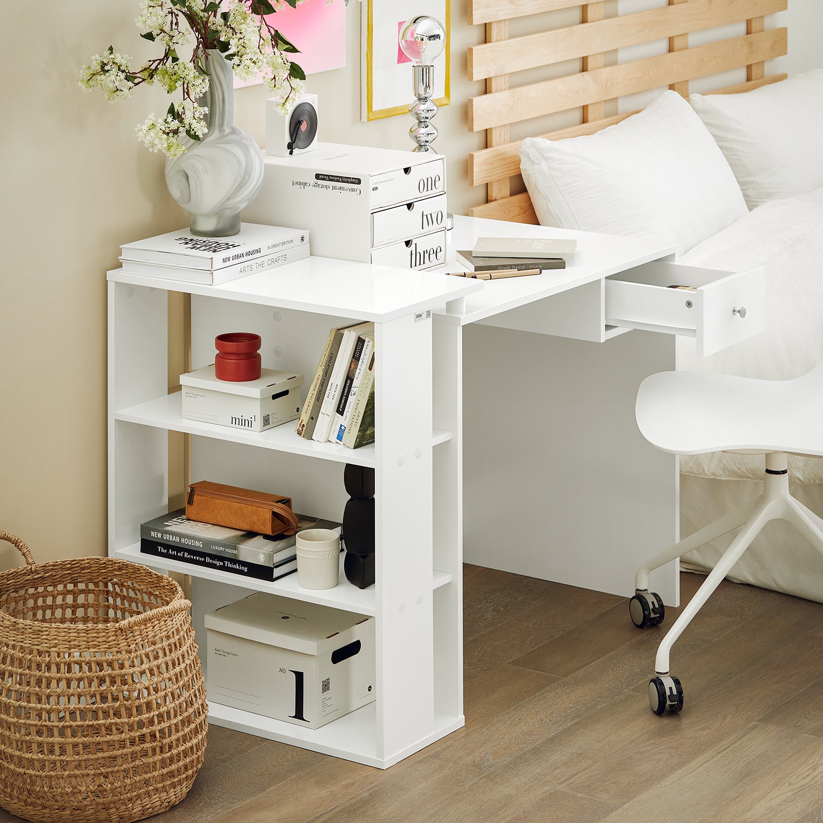 SoBuy FWT35-W Table Bureau Informatique Plan de Travail avec 3 étagères et 1 tiroir - Blanc - 8