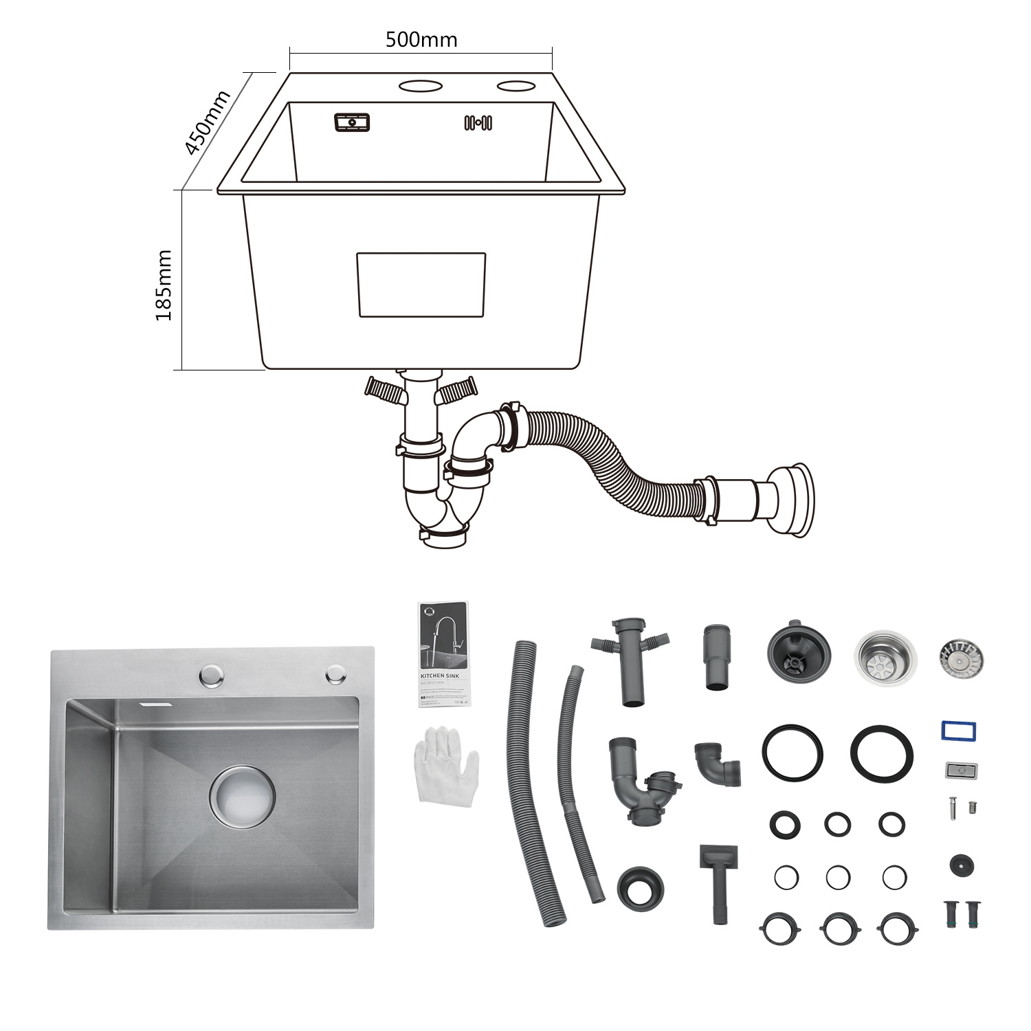 Cecipa max Évier de Cuisine 1 Bac, Évier de Cuisine 50 x 45 x 18,5 cm, Évier de Cuisine Carré Inoxydable Brossé,EU Modèle - 5