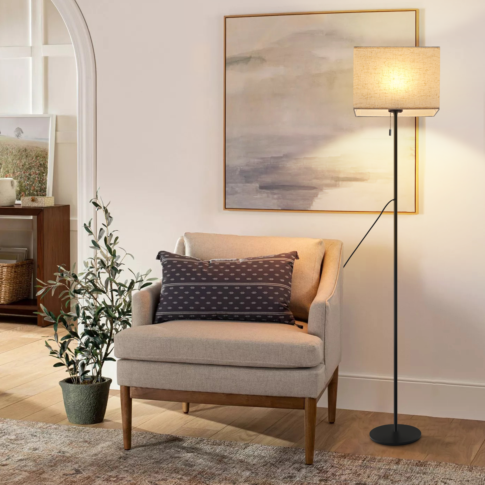 NETTLIFE Lampadaire LED à Intensité Variable Rétro Abat-jour En Tissu Pour Salon, Avec Interrupteur à Tirette - 7