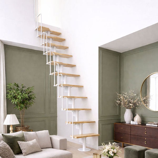 Escalier droit 12 marches - Hauteur à franchir 2.23 à 2.94m - Blanc et hêtre - TWISTER60-I-BH-12 - 3