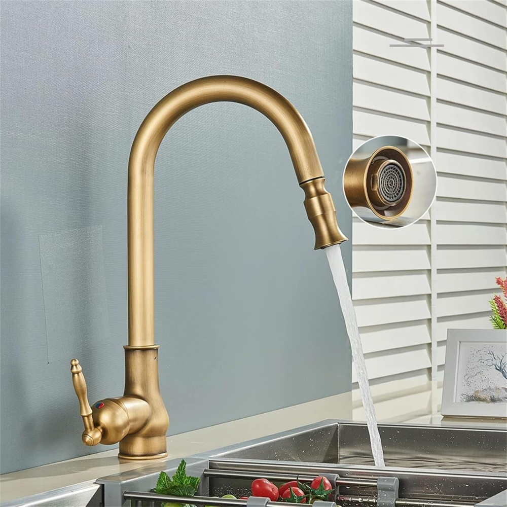 Bateria kuchenna z wyciąganą wylewką, bateria zlewozmywakowa ze wylewką, złota - 4