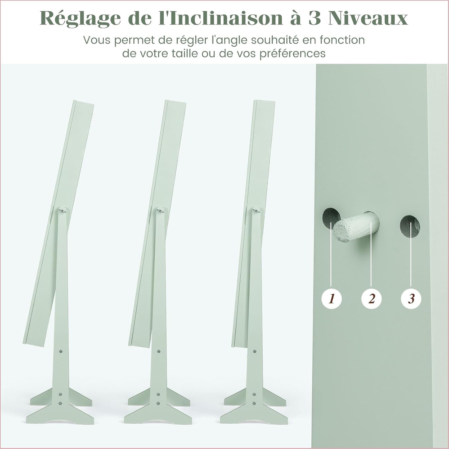 Armoire à Bijoux sur Pied avec Miroir Inclinable en 3 Positions, Armoire de Rangement Cosmétiques de Grande Capacité avec 4 Étagères(Vert) - 7