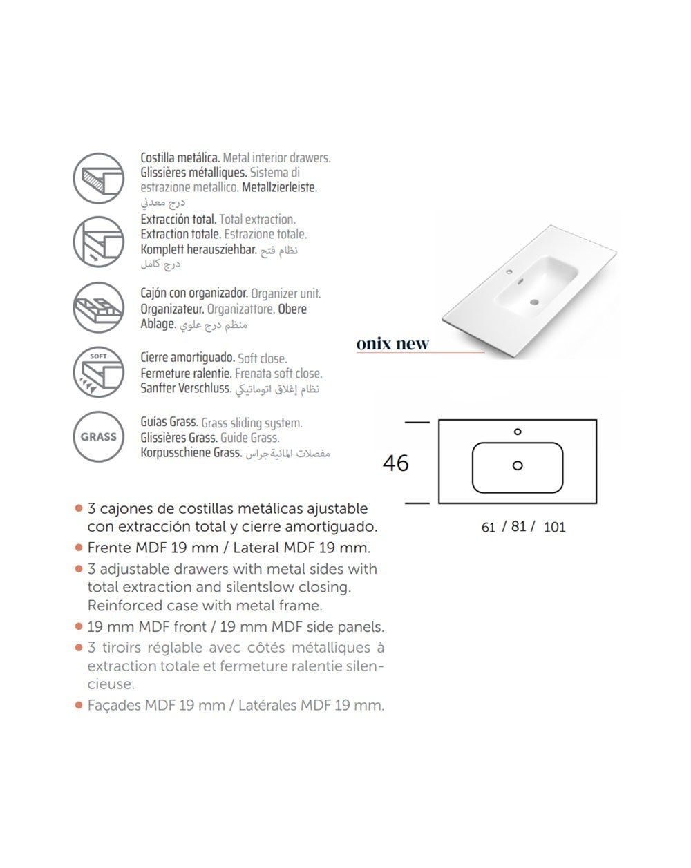 Mobili da bagno a muro con lavandino in ceramica | Chiusura e organizzatore per 3 cassetti | Lavabo in ceramica | Quercia naturale - Foglia | 100cm - 5