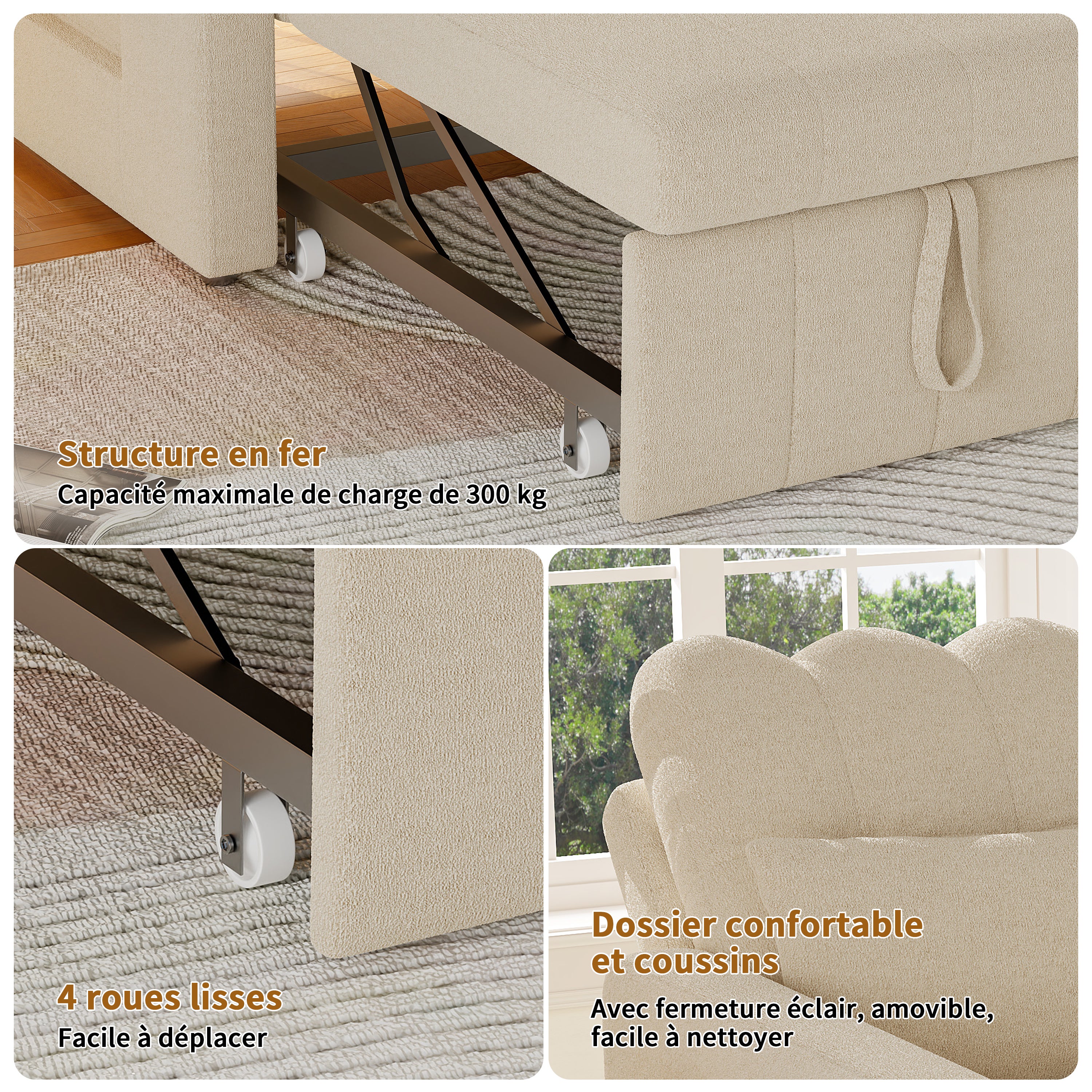 Canapé Lit Convertible 1 Place,3 en 1 Fauteuil Convertible Lit avec Table et Poches,Fauteuil Lit avec Dossier Réglable à 5 Positions,Beige(Chenille) - 5