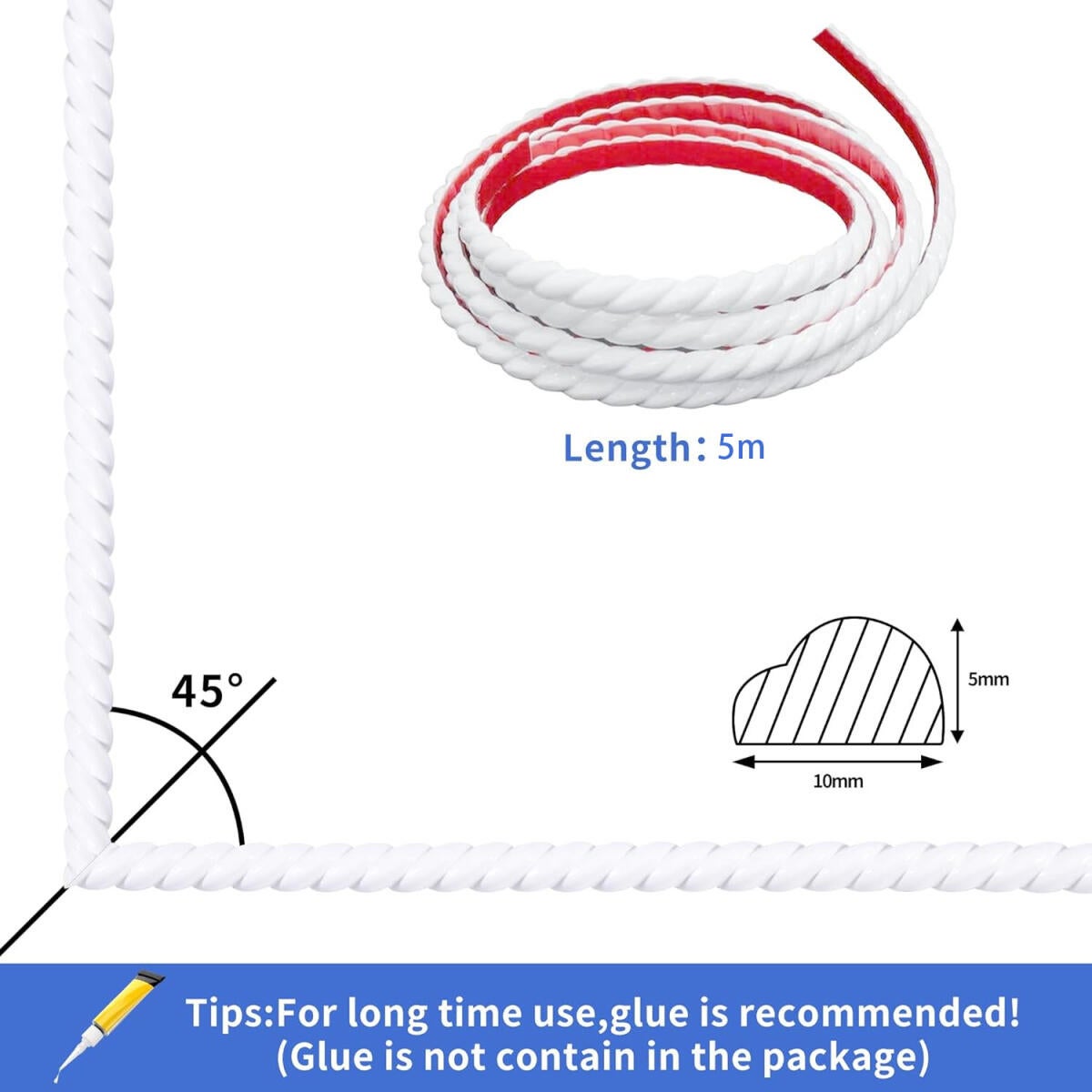 Cinta adhesiva decorativa de PVC de 5M, borde de papel pintado, decoración para cuadro de espejo (10mm, blanco) - 2