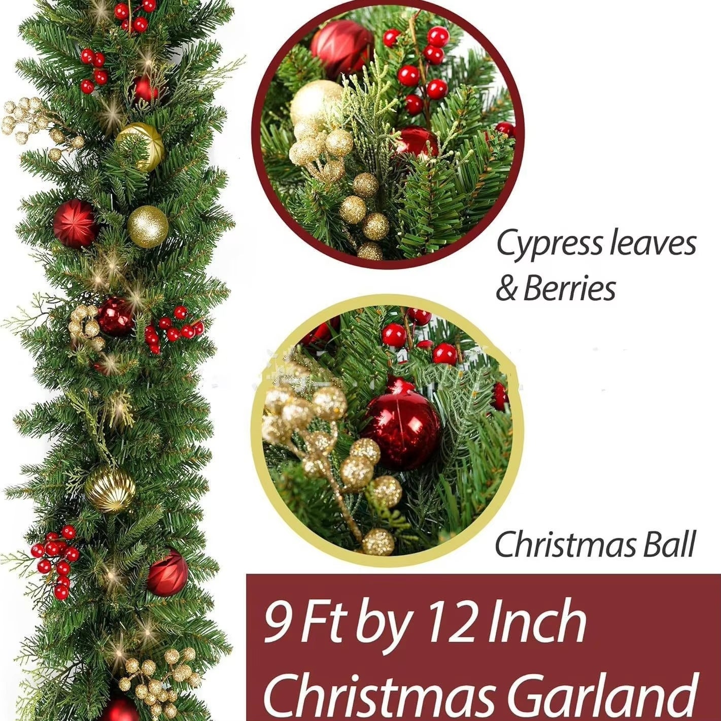 Ghirlande natalizie da 1,8 m con bacche rosse, palline di Natale artificiali in rattan, decorazioni per albero di Natale, scale, porte, Capodanno - 2