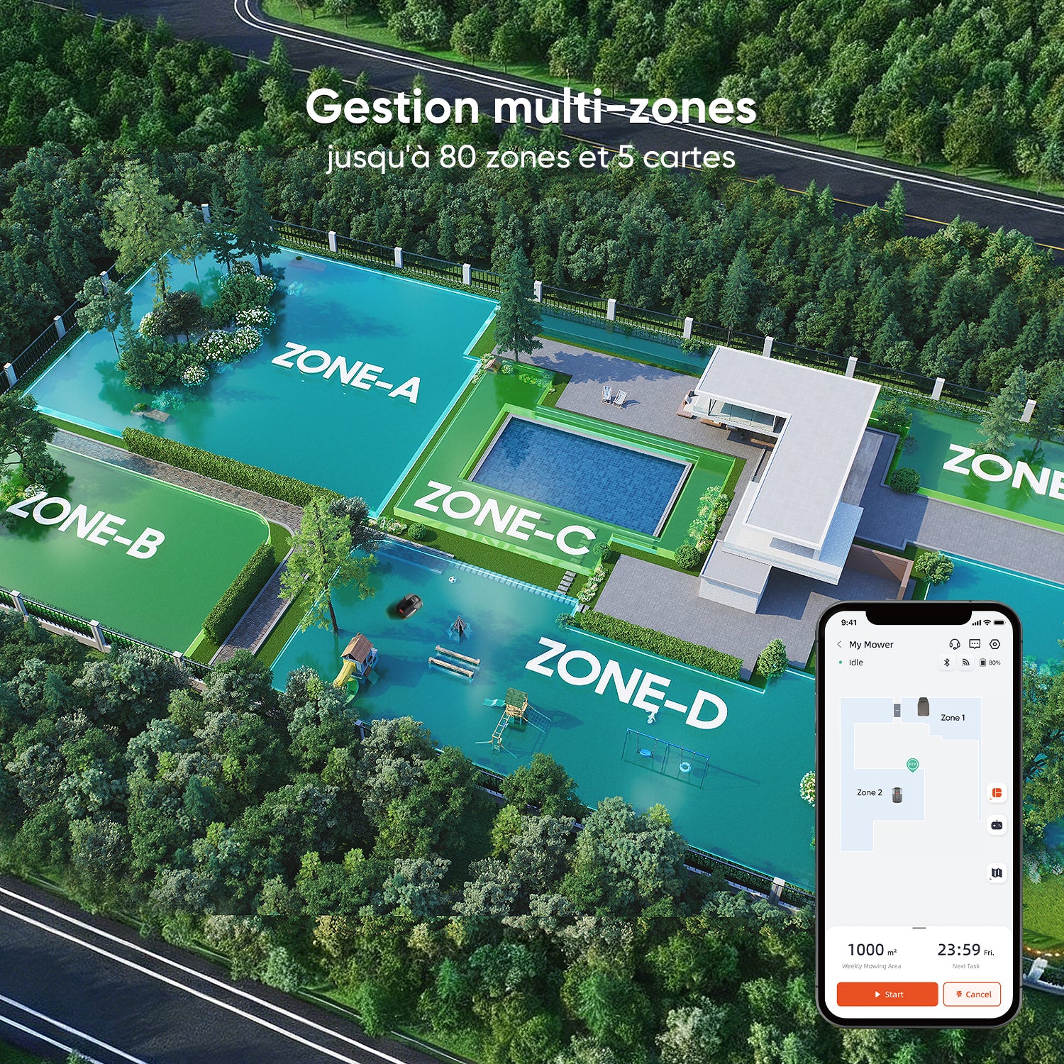Robot Tondeuse sans Fil AWD, 1600 m², Pentes 60 %, RTK + Vision, Cartographie, Évitement des Obstacles, Contrôle via App, Sunseeker S5 - 4
