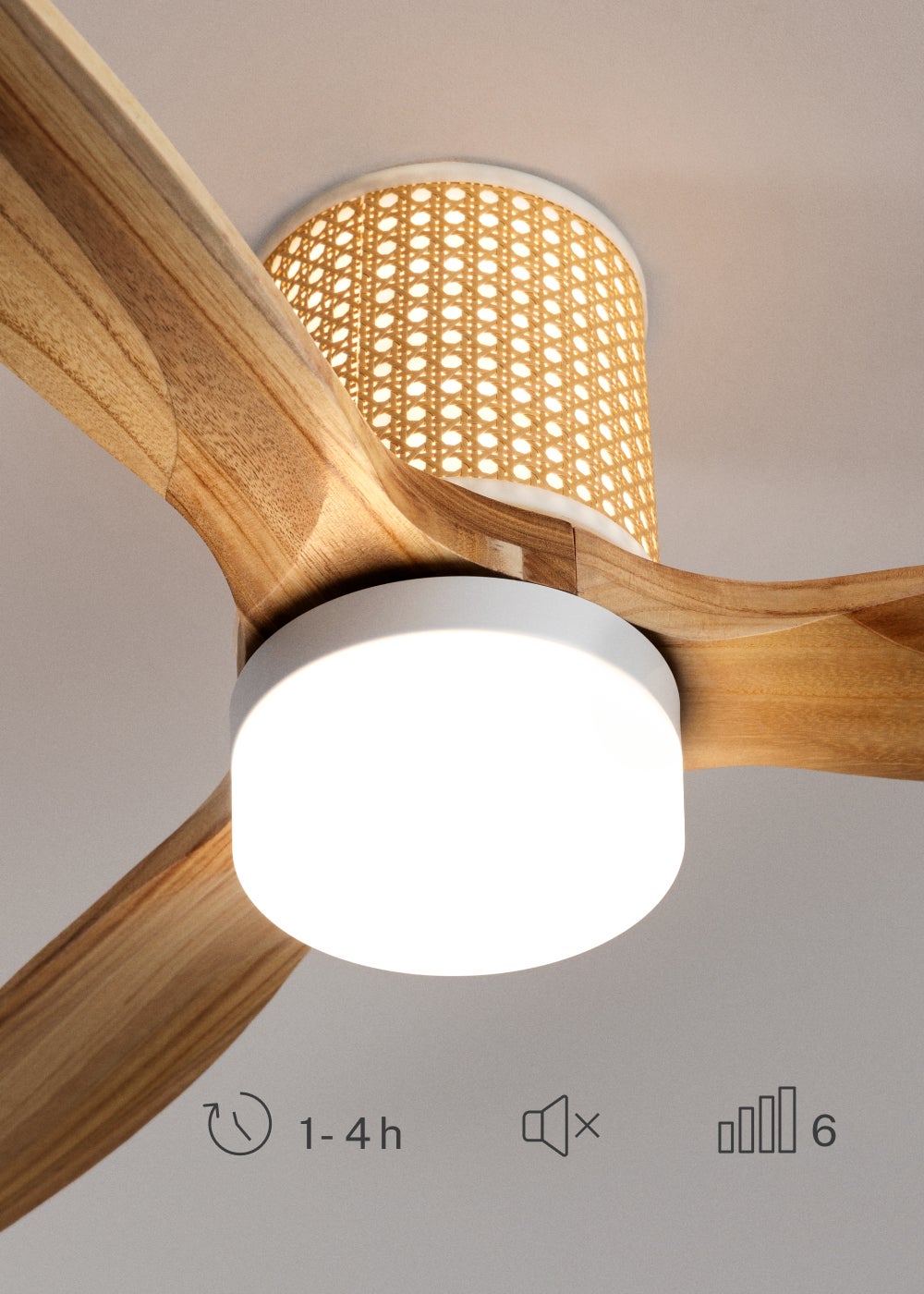 WIND CALM RATTAN M - Ventilador de teto 40W silencioso Ø132 cm com luz LED no corpo e lâmpada - Com luz - sem wifi - 4