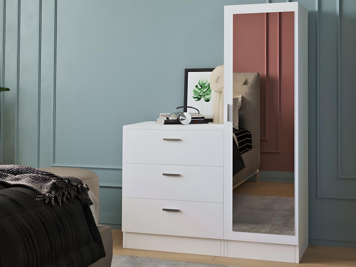 Commode 3 tiroirs avec armoire et miroir - Blanc - VITORIO - 7