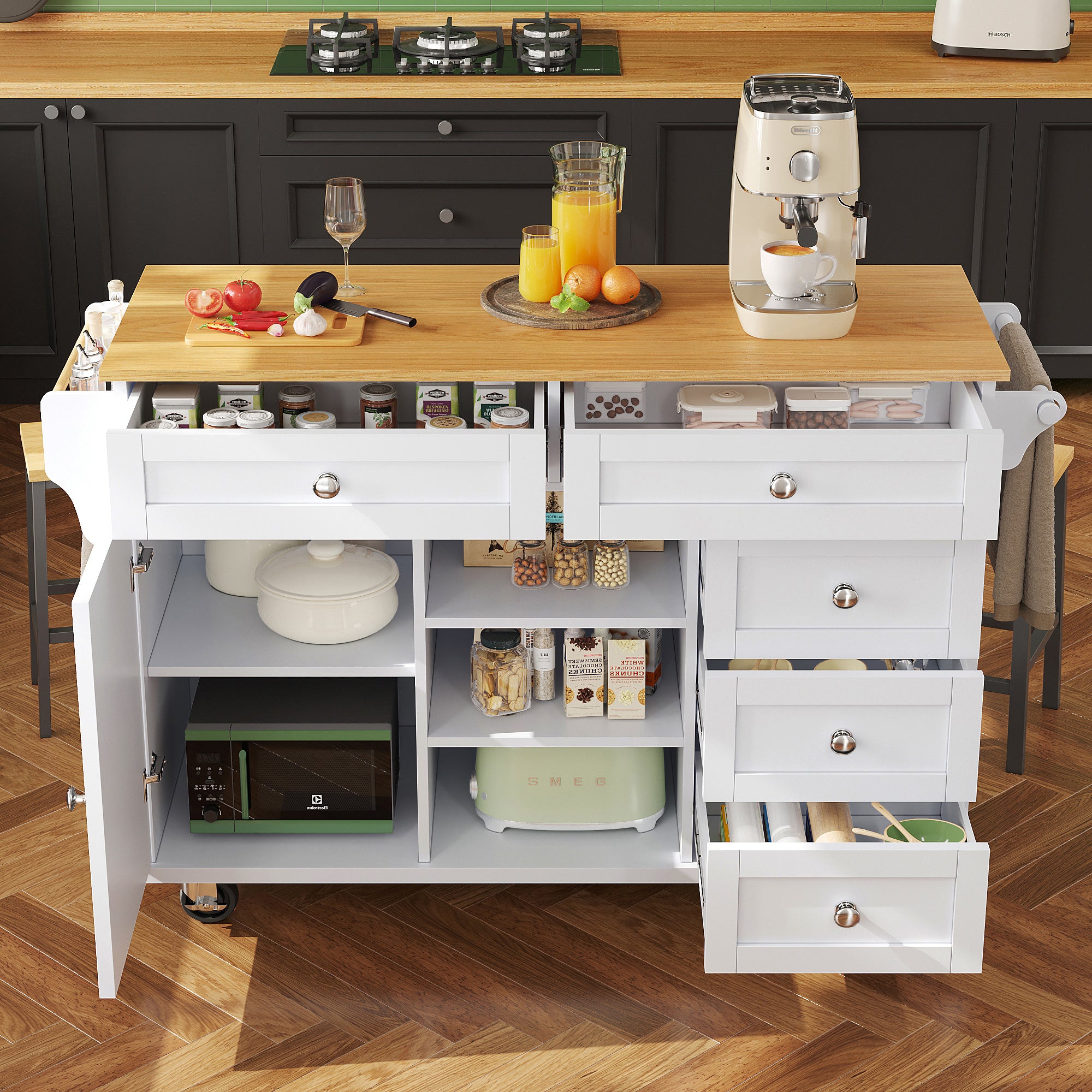 Isola Cucina Mobile Con Ruote - Carrello Da Pranzo Con Cassetti E Armadio | Nero, 134x46x92 Cm - Foto 8