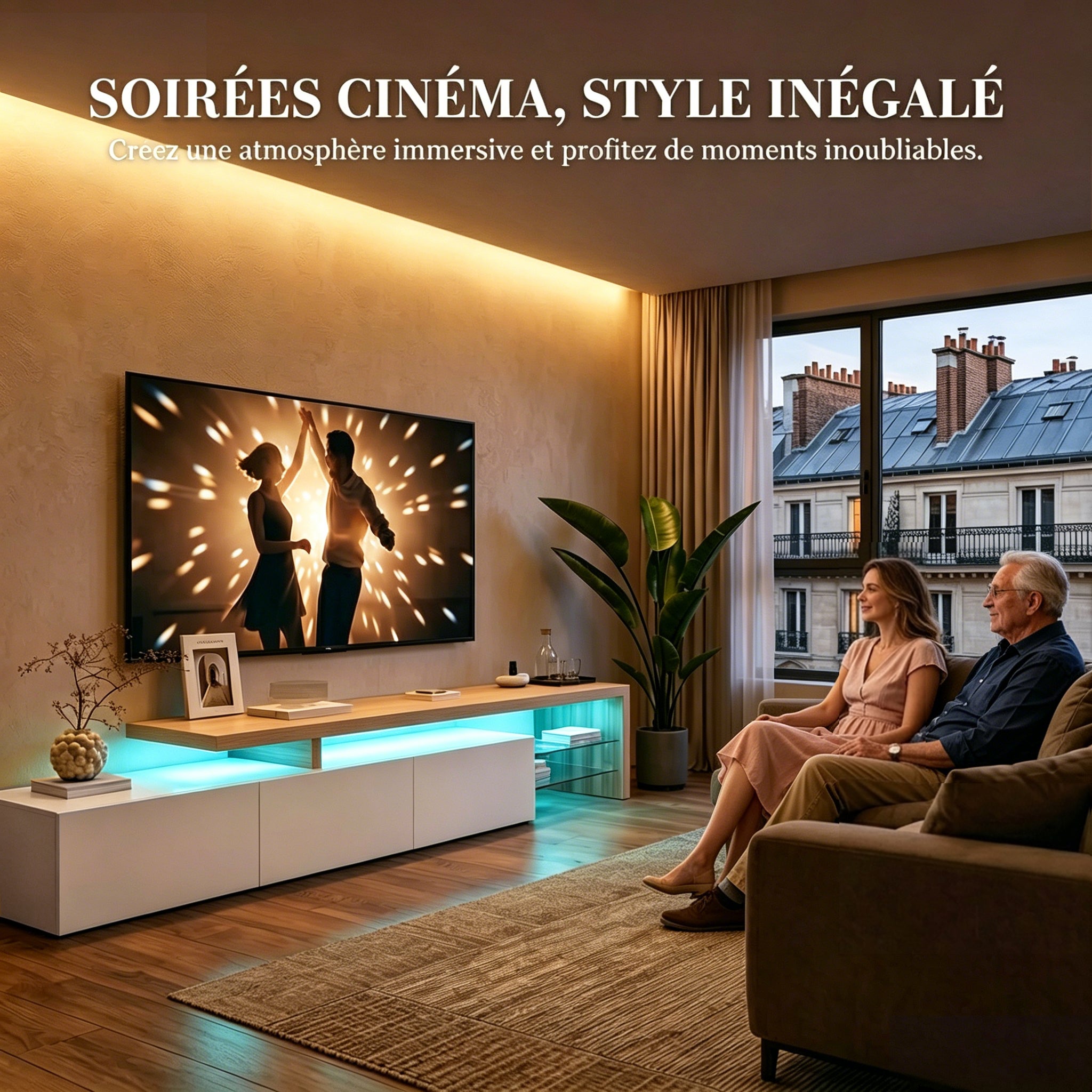Meuble TV 200 cm, Support pour Téléviseur 75 Pouces, lumières LED variables, design 3 portes, étagères verre, Cadre en Bois, 200x39x42 cm - Blanc - 6