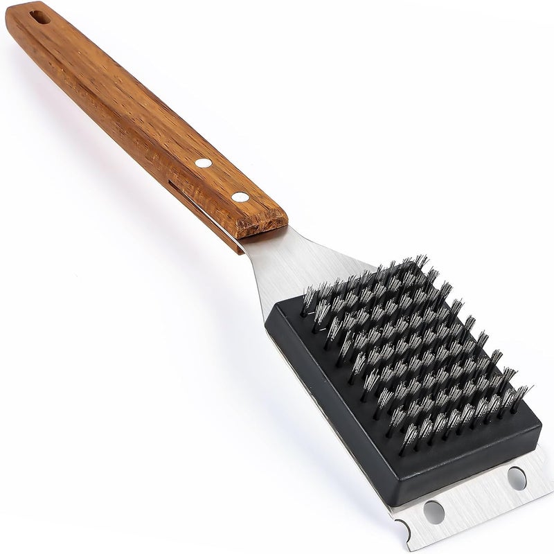 Szczotka do czyszczenia grilla 2 w 1, duża szczotka do czyszczenia z drewnianą rączką, szczotka do grilla węglowego i elektrycznego