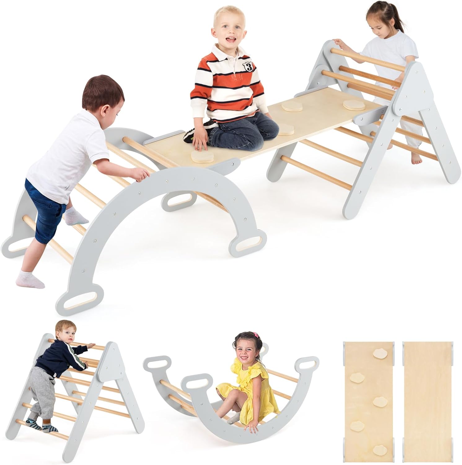 7w1 Łuk/Trójkąt Montessori do Wspinania z Drewnianą Zjeżdżalnią, Rampą, Regulowaną Drabinką, dla Małych Dzieci od 1 Roku Życia (Naturalny Szary)