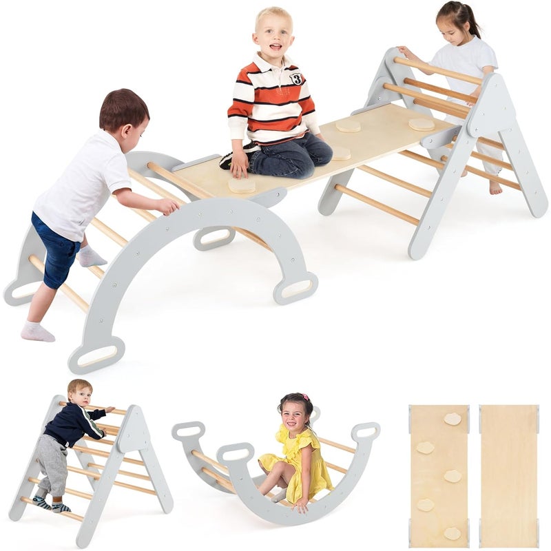 7w1 Łuk/Trójkąt Montessori do Wspinania z Drewnianą Zjeżdżalnią, Rampą, Regulowaną Drabinką, dla Małych Dzieci od 1 Roku Życia (Naturalny Szary)
