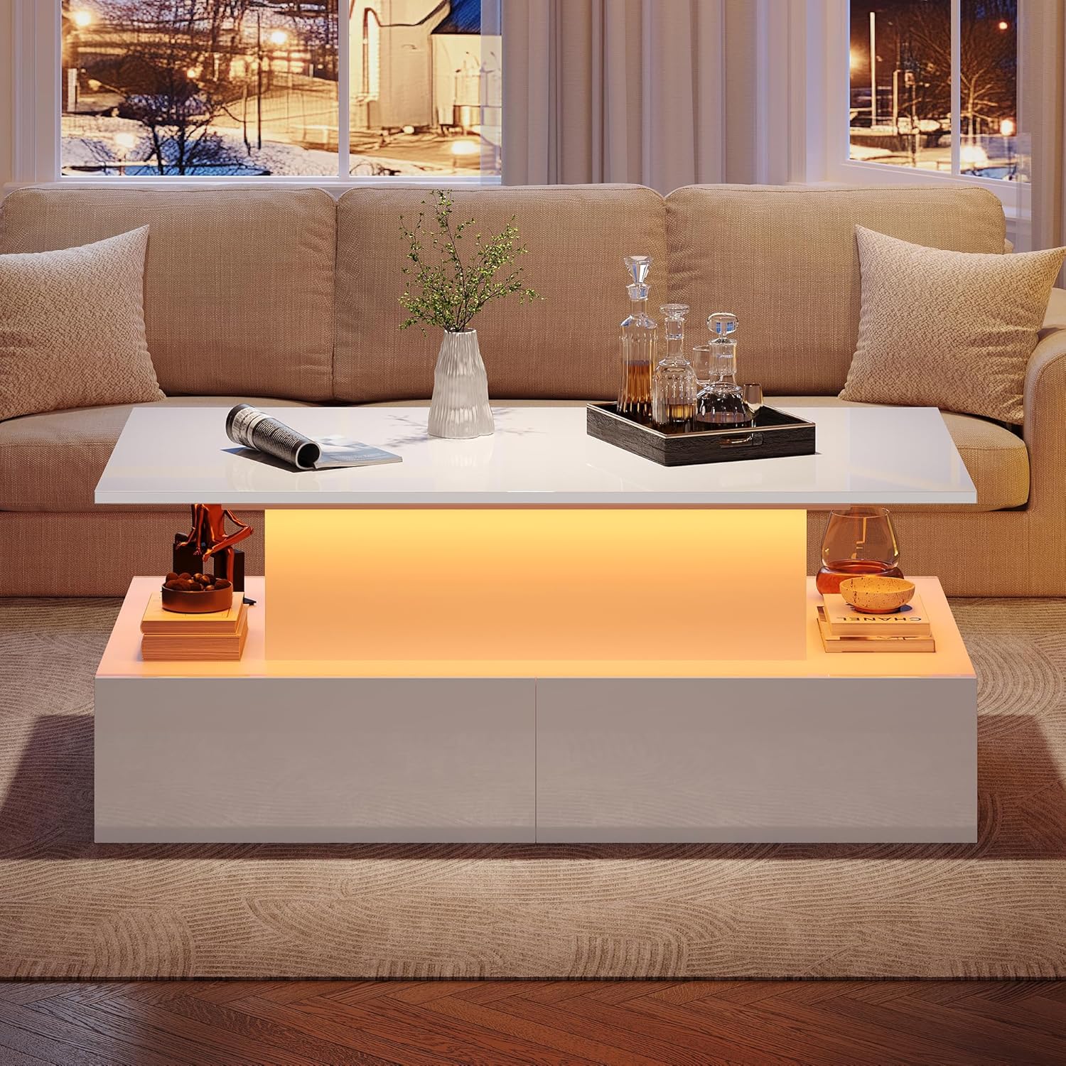 Table basse relevable LED, 90 x 55 x 41cm, Table d'appoint moderne salon, avec 4 grand tiroirs, rangement caché Blanc - 2